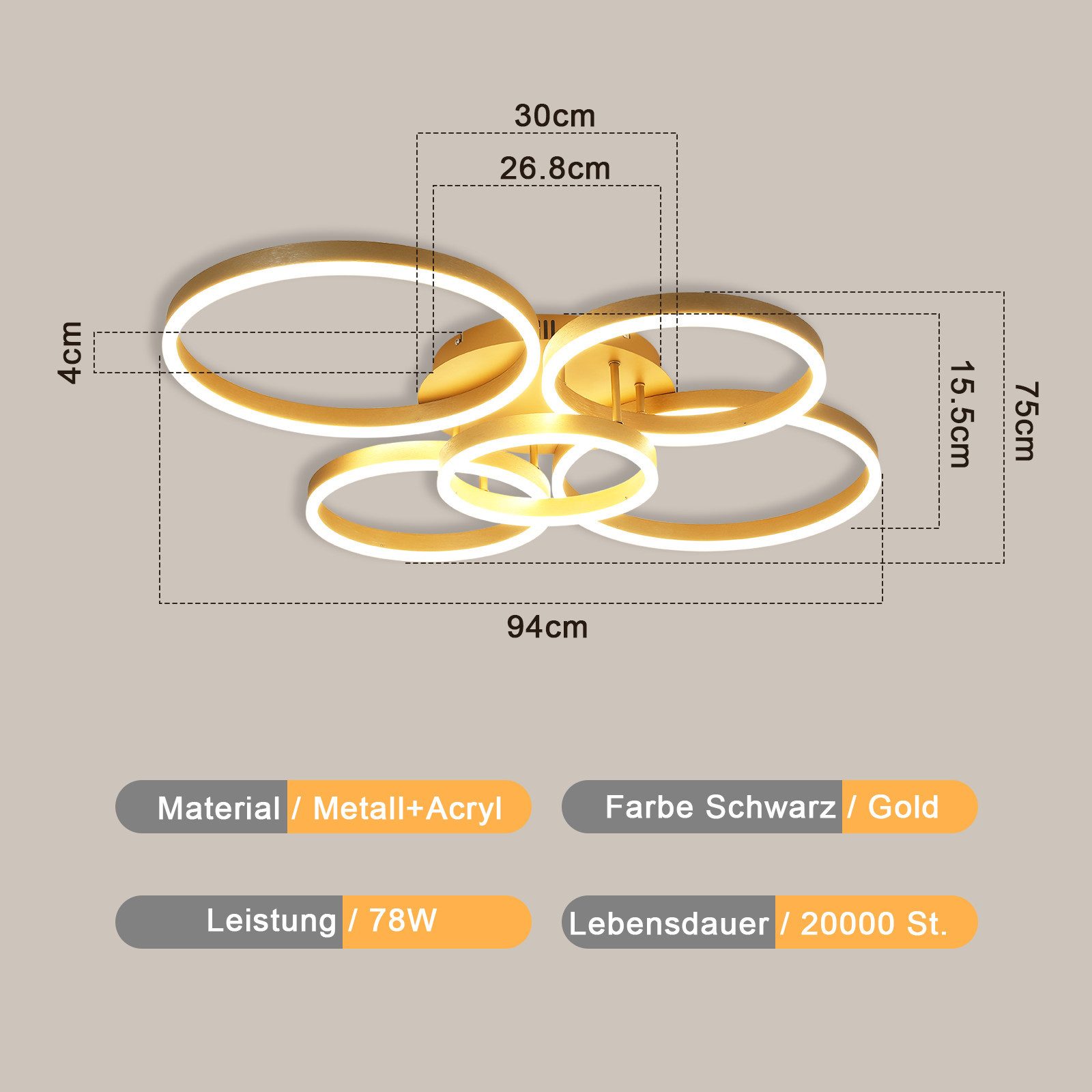 ZMH LED Deckenleuchte Wohnzimmerlampe Dimmbar 78W, 3000-6500K, 5-Ringen Gol günstig online kaufen