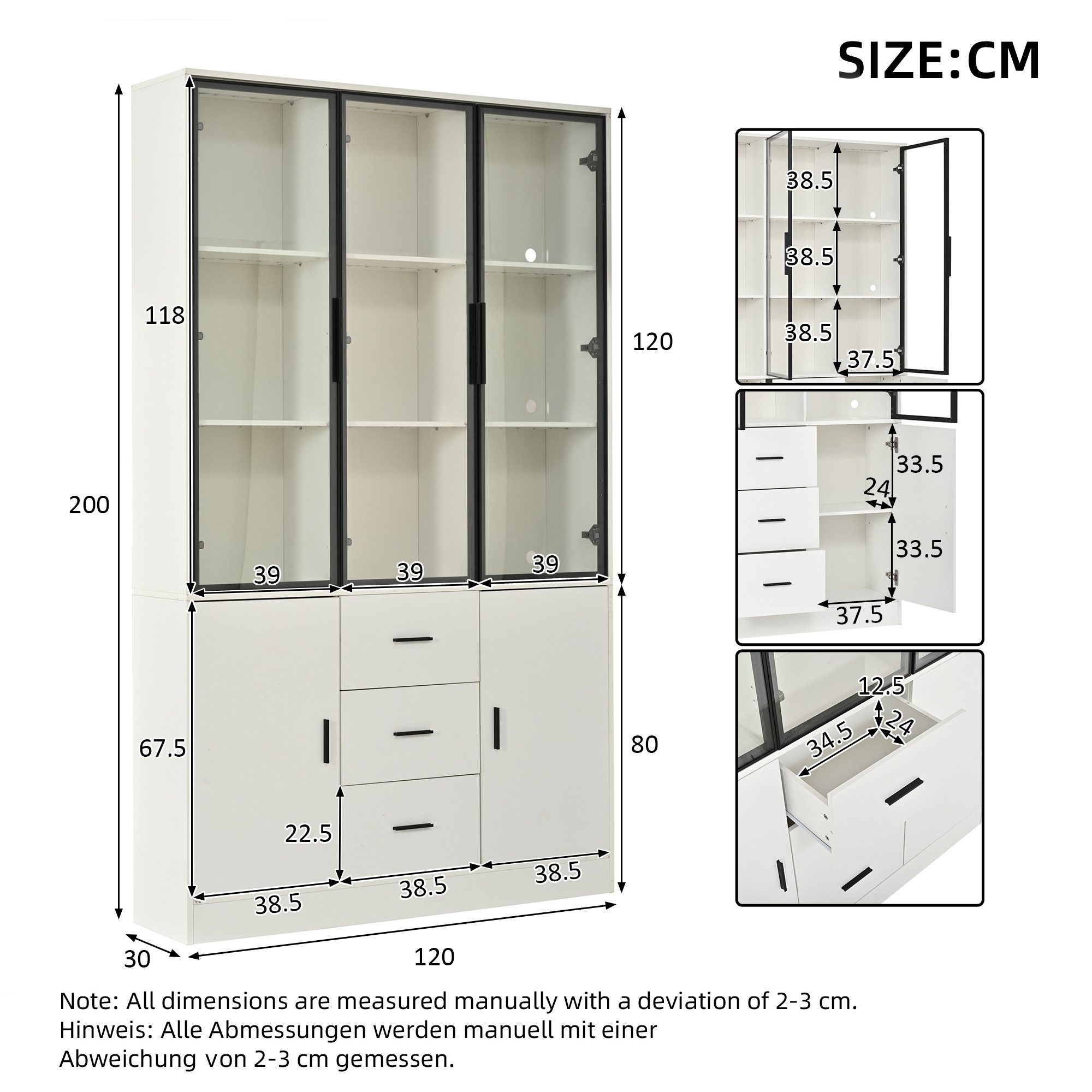 Fine Life Pro Standvitrine Vitrine mit Glas-Tür, LED-Licht, 3 Schubladen + Türen, weiß. 120x30x200 cm, viel Stauraum, ideal für Wohnzimmer. – Bild 4 von 5