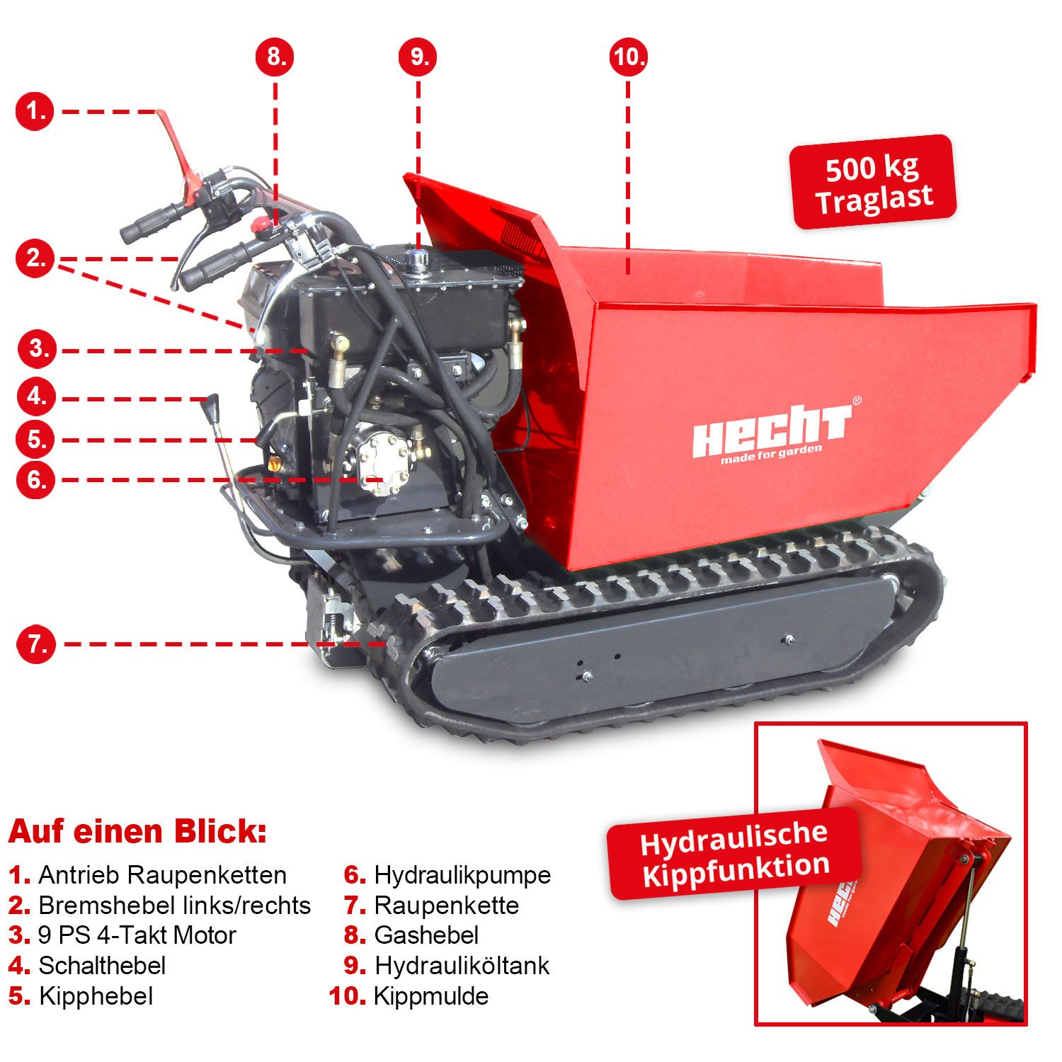 Hecht Raupendumper 2950 mit 500 kg Tragkraft, Mulde 94x67x45cm, 9 PS, 270 cm³