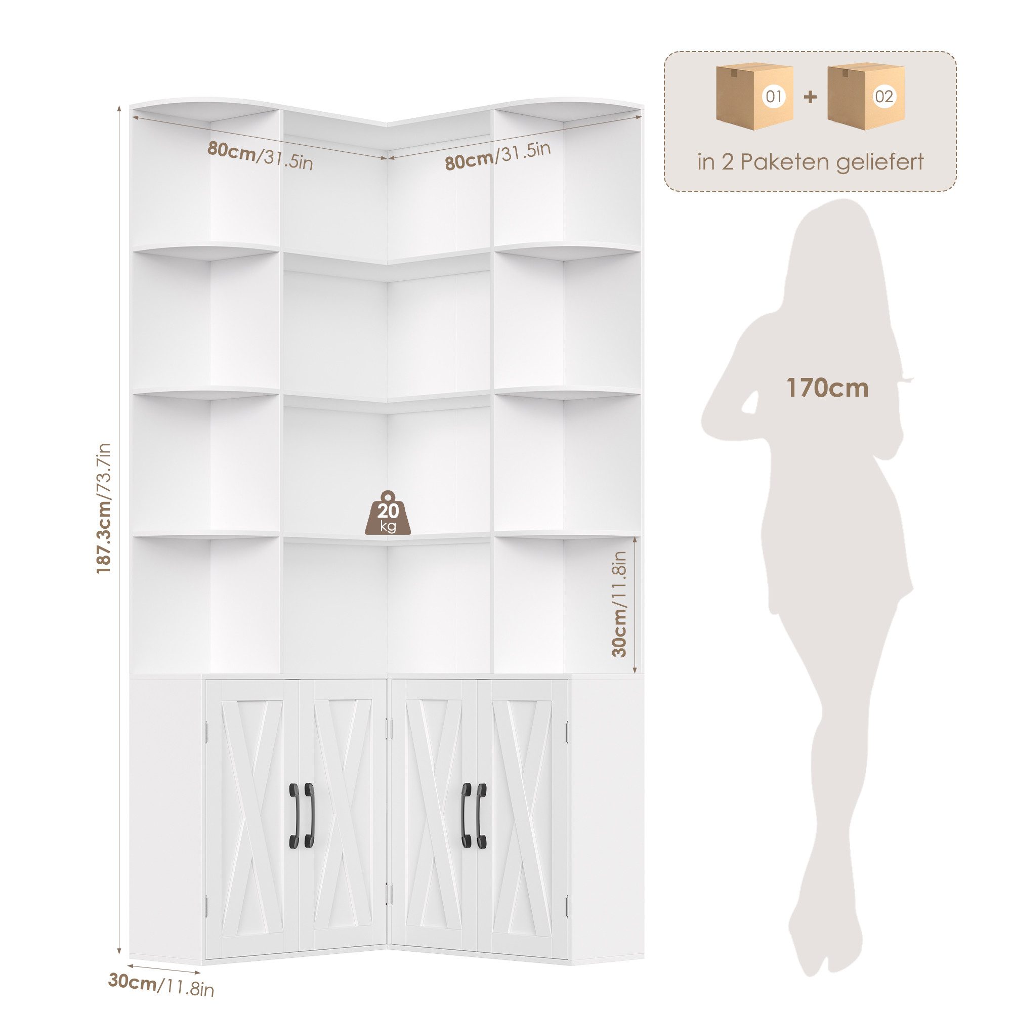 Homfa Bücherregal 187 cm hoher Bücherschrank mit Türen Eckregal, Eckbücherregal Standregal L-förmiger Eckschrank 80 x 80 x 187 cm