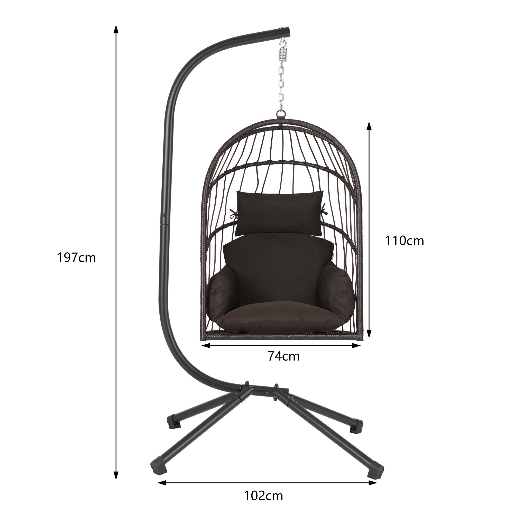 HinHocker Hängesessel Hängesessel mit Gestell, Braun, Hängeschaukel für Indoor und Outdoor (Hängesessel bestehend aus Korb und Gestell, Sitzpolster, Kissen), faltbar