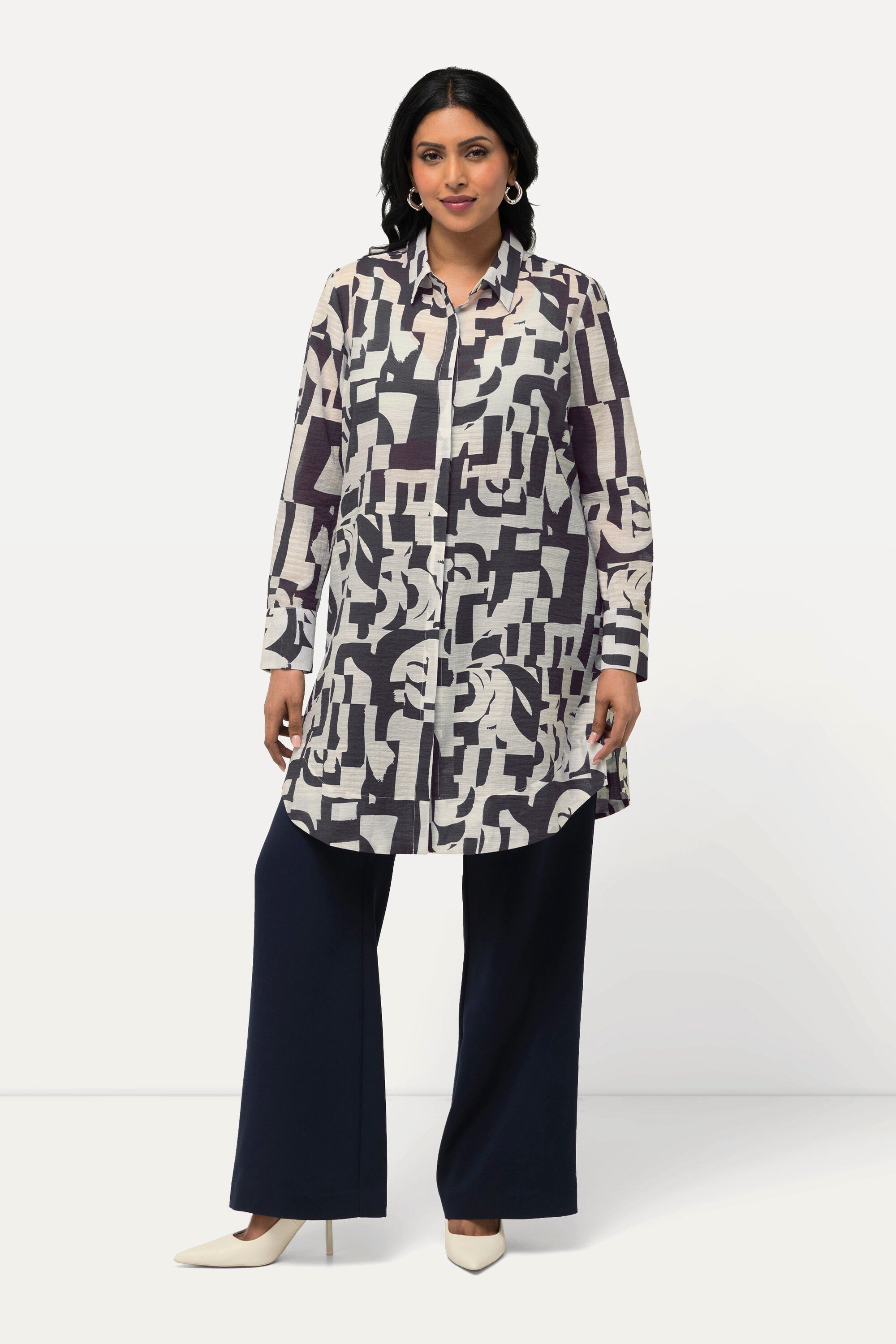 Longbluse Longbluse grafisches Design Hemdkragen Langarm