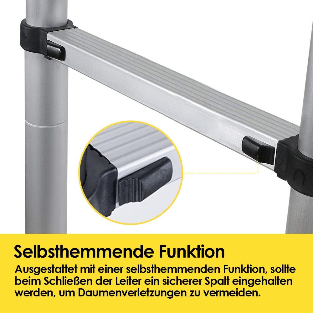 Teleskopleiter Teleskopleiter ohne Ausziehleiter Lospitch 2.6m-4.4m 150kg bis haken Alu Silber Anlegeleiter