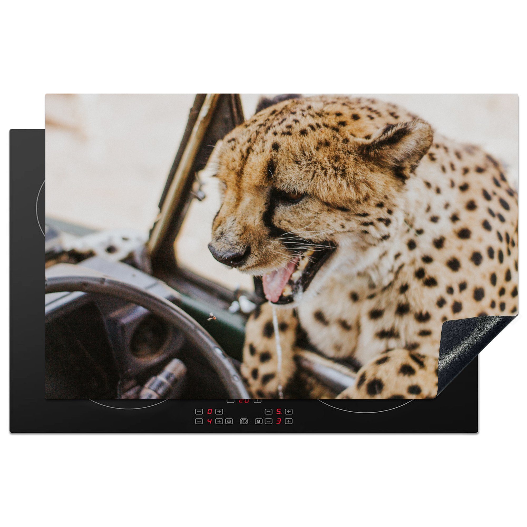 MuchoWow Herdblende-/Abdeckplatte Auto - Lenkrad - Gepard, Vinyl, (1 tlg), 81x52 cm, Induktionskochfeld Schutz für die küche, Ceranfeldabdeckung