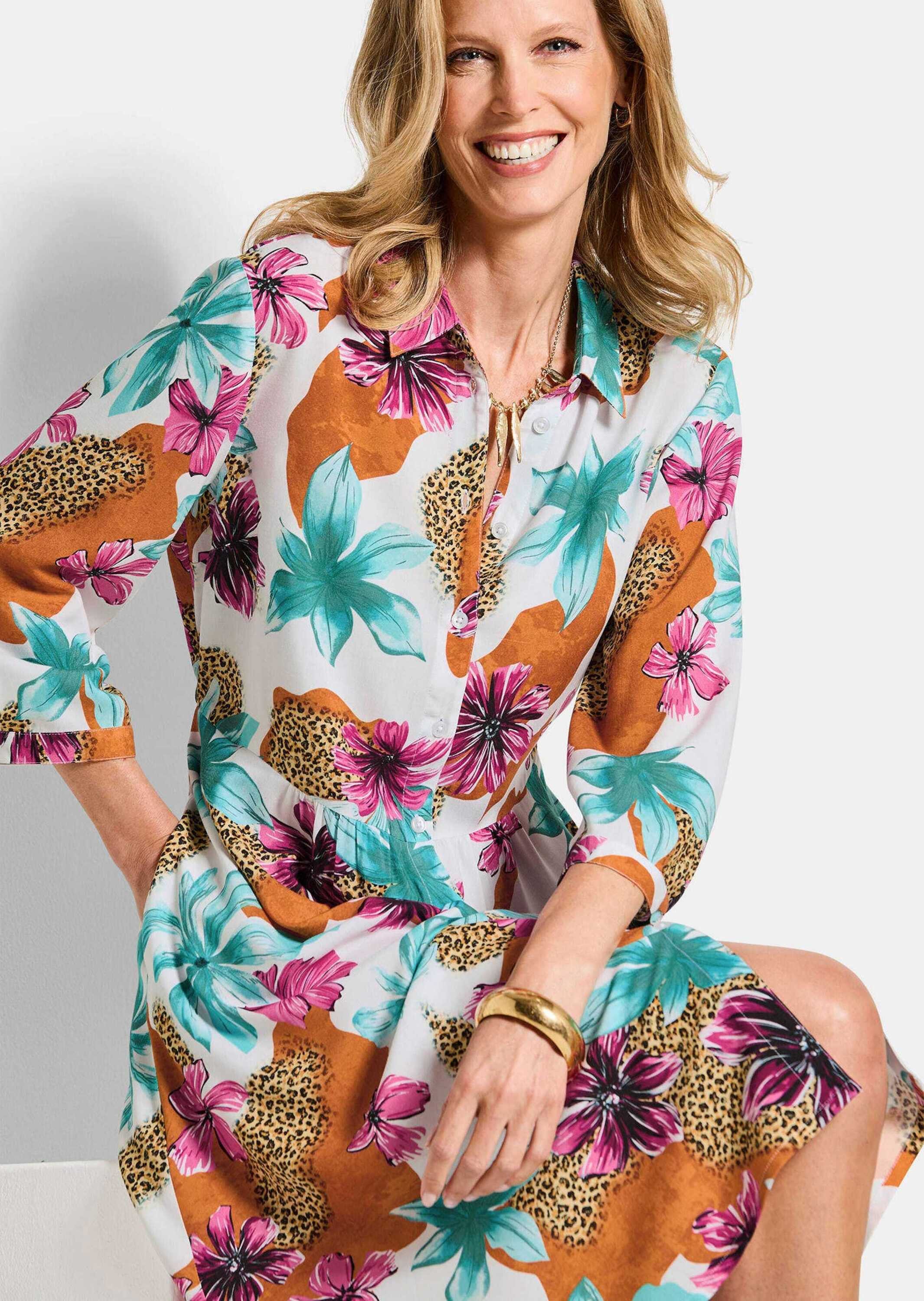 GOLDNER Sommerkleid Blusenkleid mit Leo-Blumen-Muster Druckkleid mit Hemdkragen, Knopfleiste, Taschen und 3/4-Arm