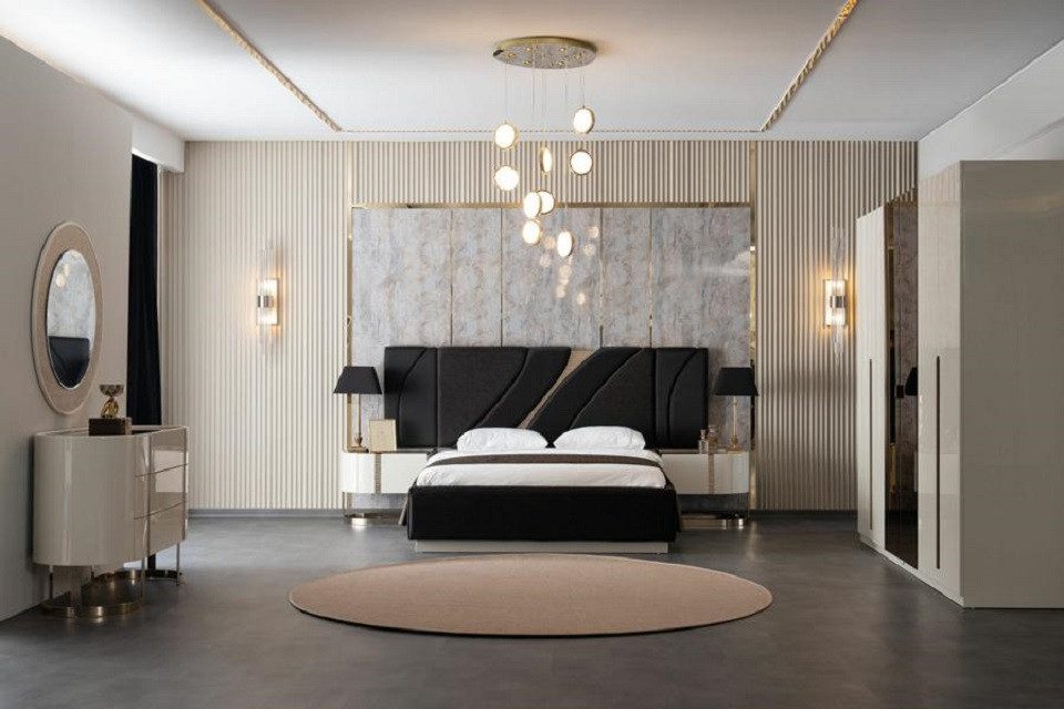 Schlafzimmer-Set Doppelbett 2x Nachttische Kommode Spiegel Kleiderschrank Schlafzimmer