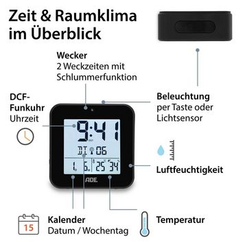 ADE Funkwecker Wecker digital funk mit Temperatur und Luftfeuchtigkeit automatischer Lichtsensor, 2 Weckzeiten, Schlummerfunktion
