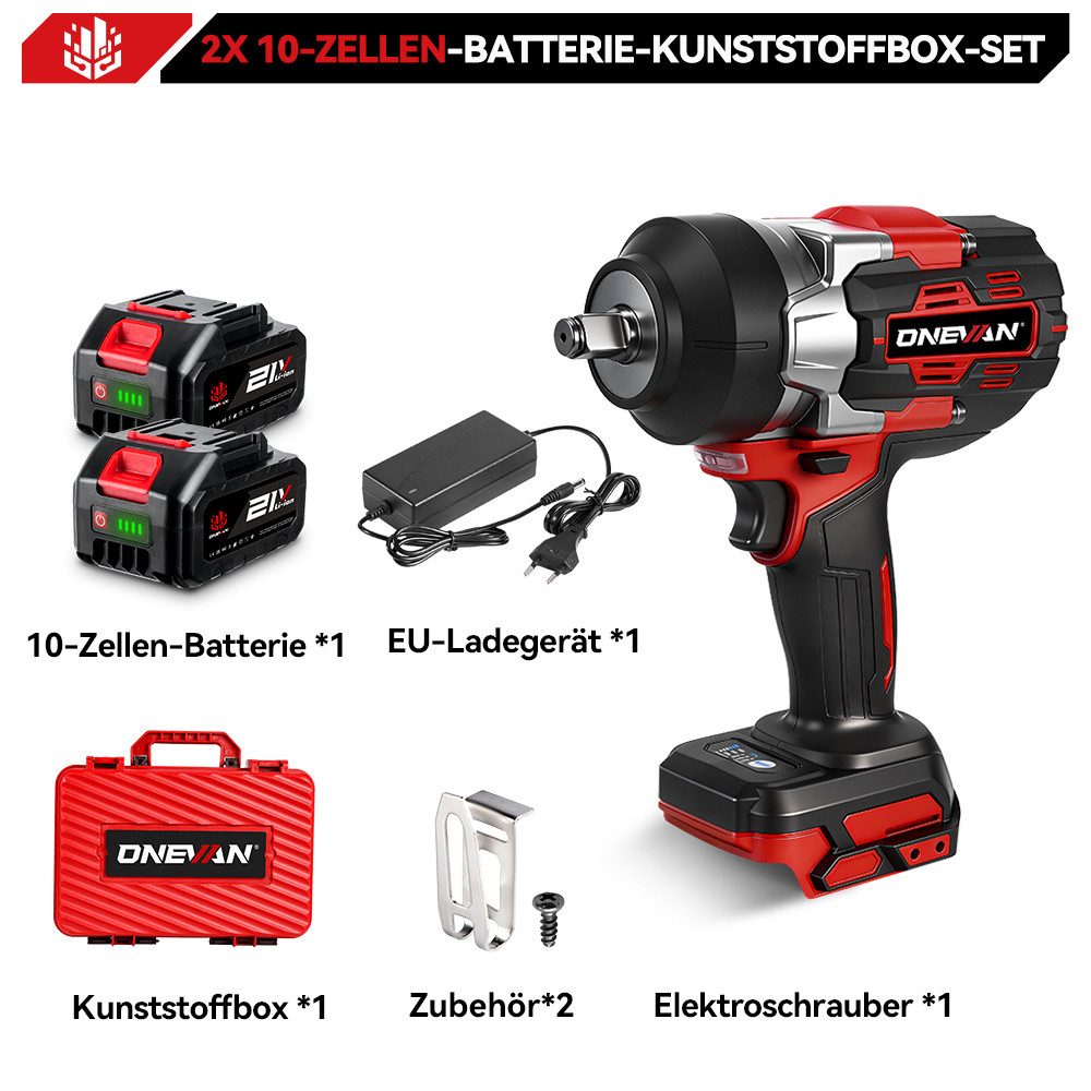 ONEVAN Akku-Schlagschrauber 1/2" Bürstenloser Schlagschrauber, 8000 U/min, 2800 Nm, 2x Akku