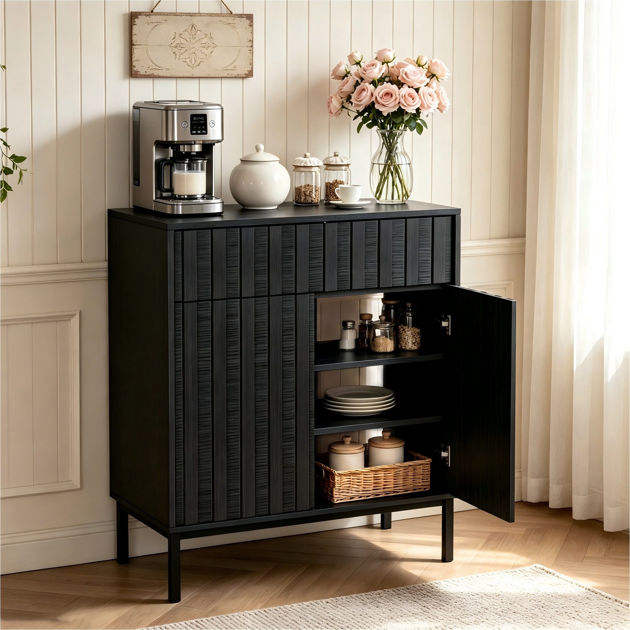 UEV Sideboard mit Schublade & 2Türen, Küchenschrank Kaffeebar Schrank 70x37x88,5cm (Schrank mit Kippschutz), Moderner & griffloser Aufbewahrungsschrank Kommode für Flur Wohnzimmer