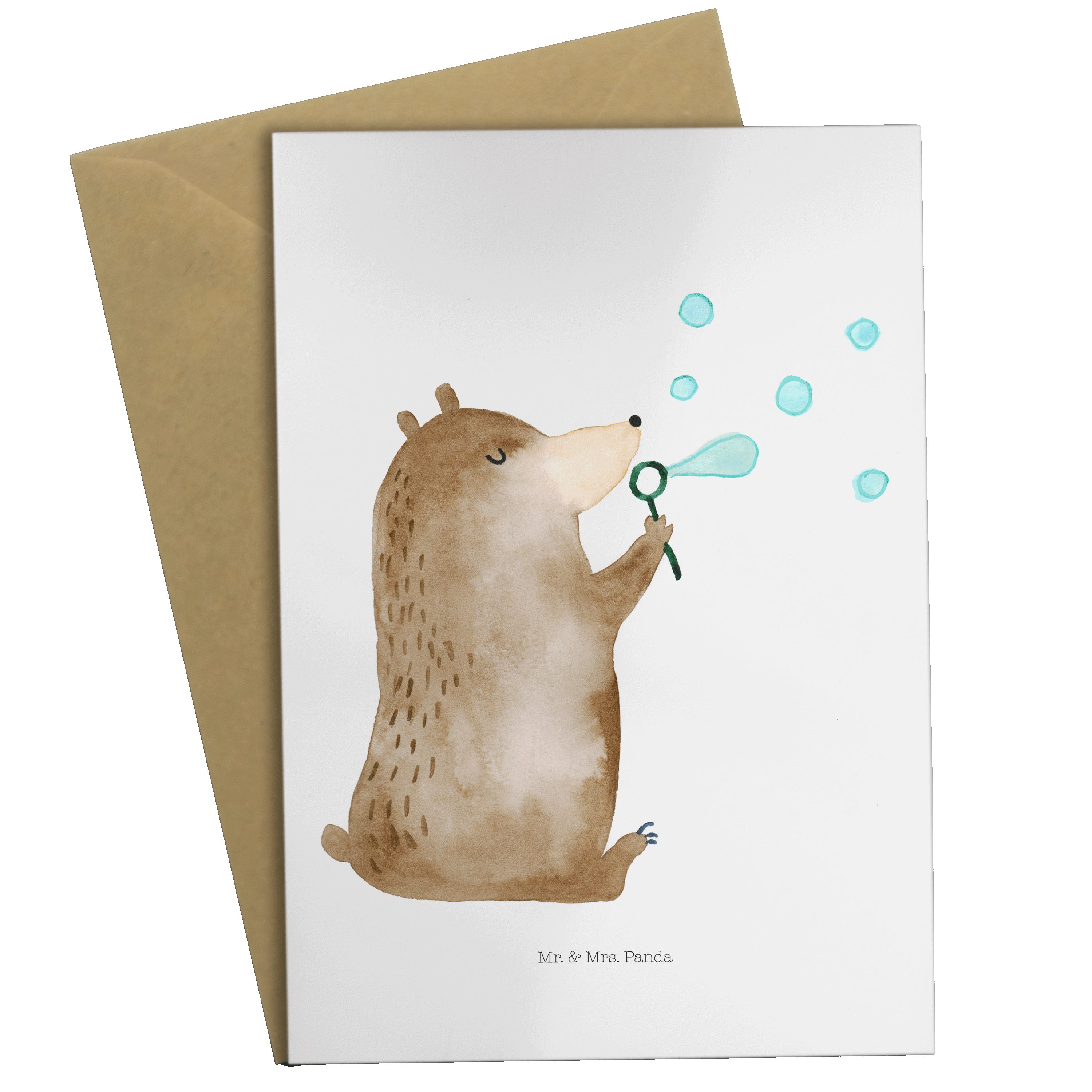 Mr. & Mrs. Panda Grußkarte Bär Seifenblasen - Weiß - Geschenk, Geburtstagskarte, Teddybär, Karte