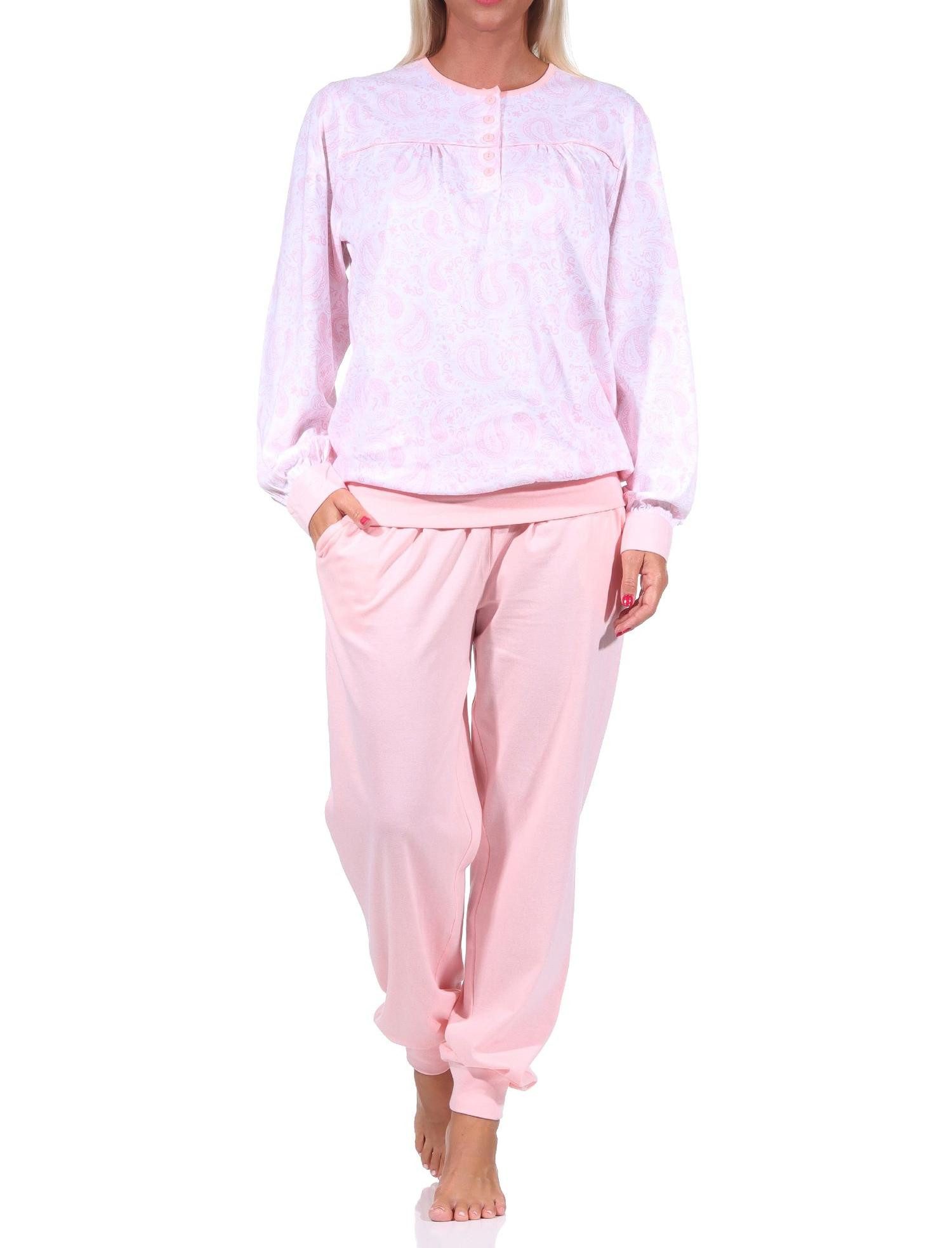 Normann Pyjama Damen Schlafanzug mit Bündchen + Knopfleiste am Hals Paisley Design