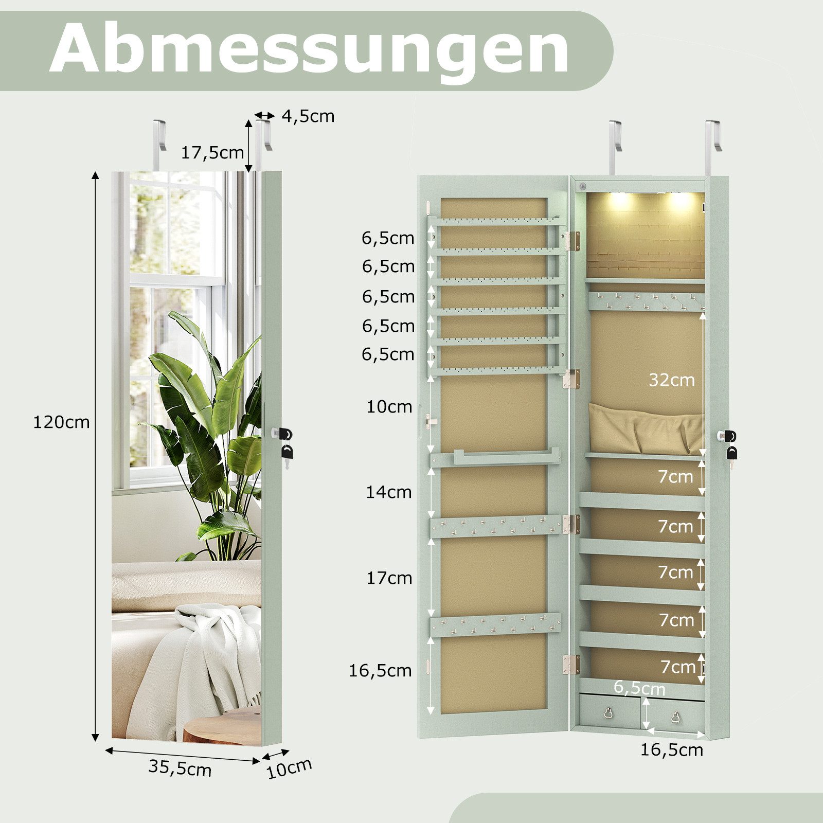 COSTWAY Schmuckschrank mit LED & Spiegel abschließbar, Wandspiegel hängend – Bild 4 von 5