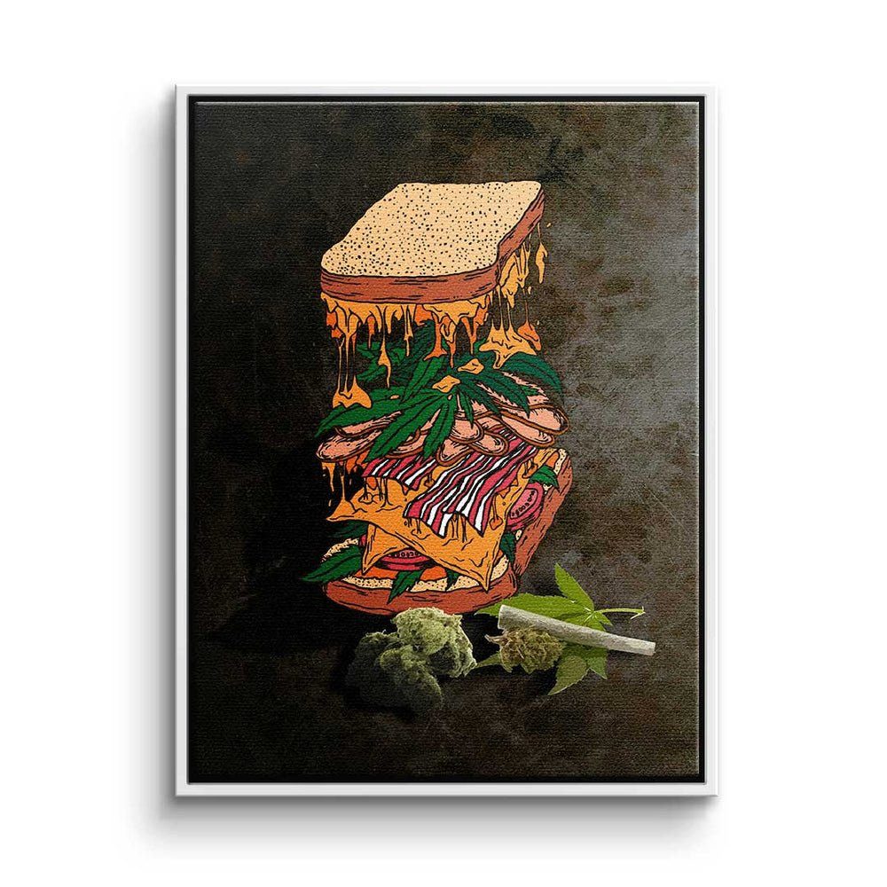 DOTCOMCANVAS® Leinwandbild, Premium Leinwandbild - Pop Art - Cannabis Sandwich - Mindset - Motiva weißer Rahmen