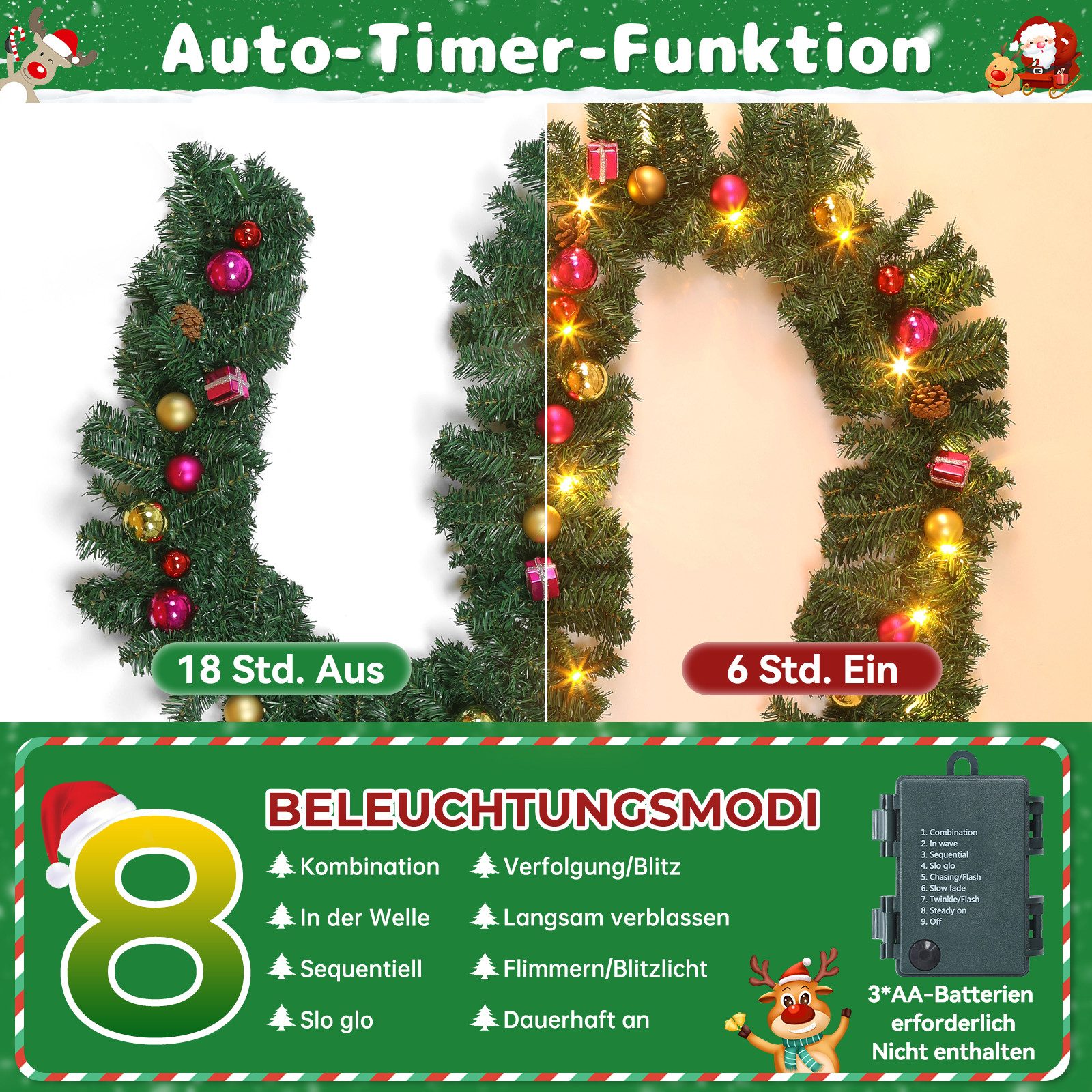 Kunstgirlande mit licht 1.75/2.7M Weihnachtsgirlande mit Beleuchtung, weihnachtsdeko, Elegear, deko für außen & innen, 8 Modi, wasserdichtes Batteriefach, Timer