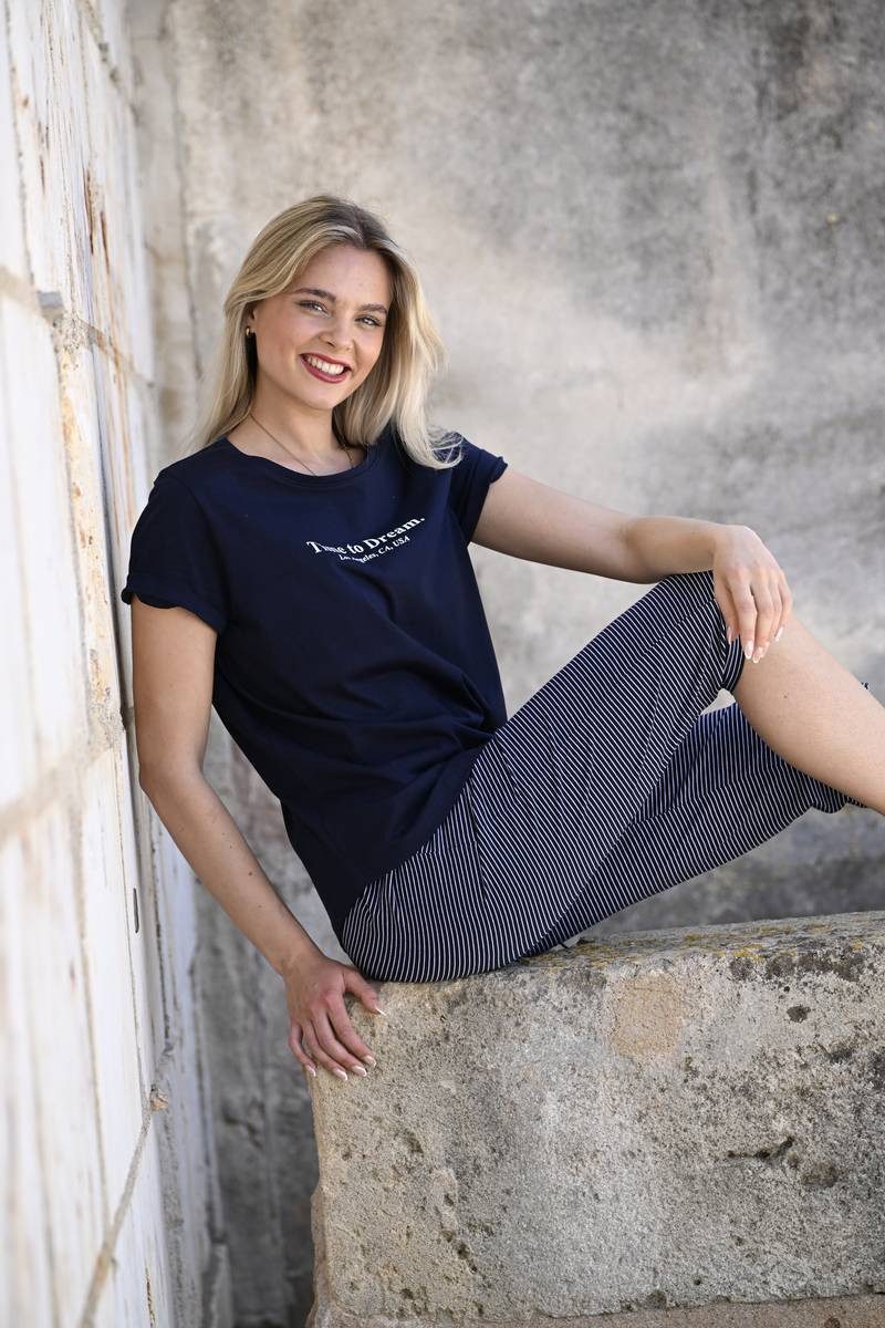 Ringella Pyjama - Kurzarm Schlafanzug mit Motivdruck und geringelter Caprihose (2 tlg) reine Baumwolle