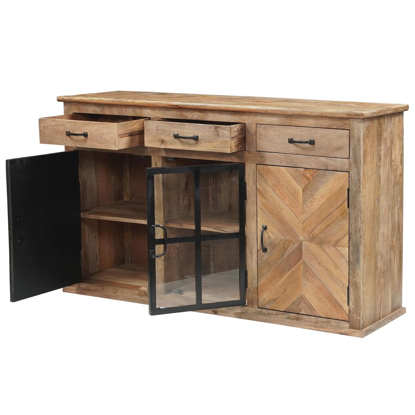 baario Sideboard Sideboard CHATEAU Vitrine, 150cm massiv rustikal Industrial Kommode