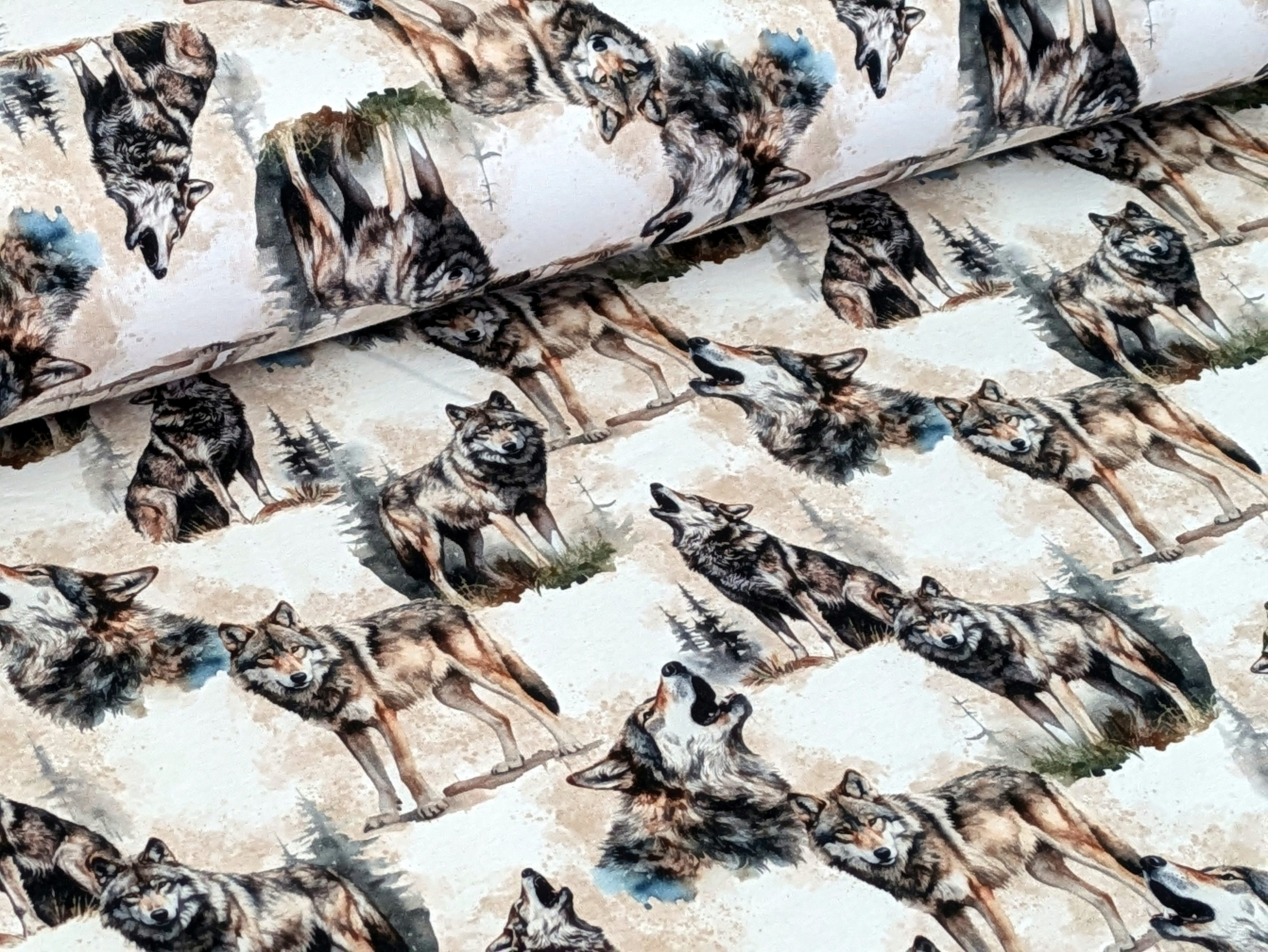 Corileo Stoff Eigenproduktion French Terry Wölfe in den Wälder auf Grau/Weiß Stoff