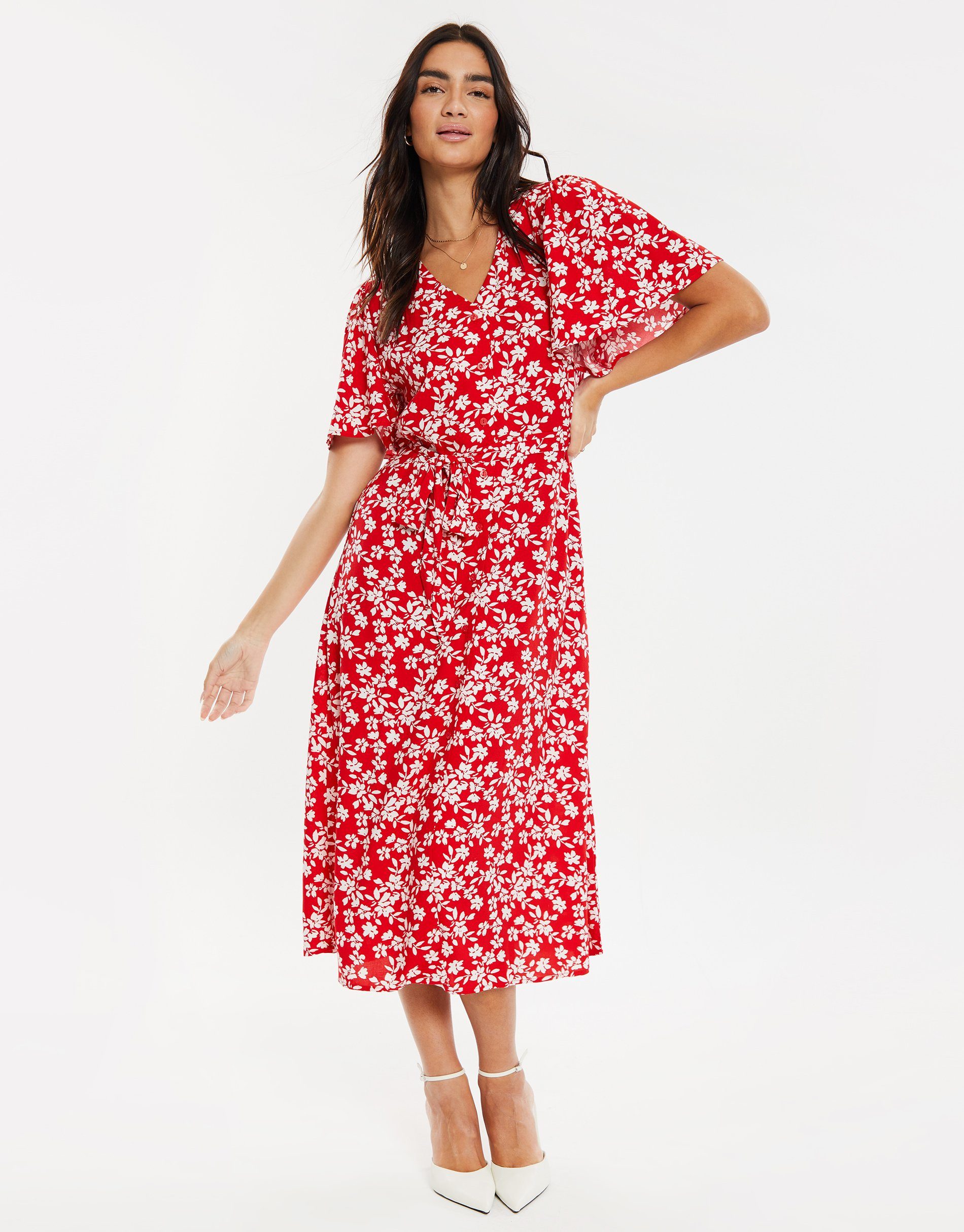 Threadbare Sommerkleid THB Fruit Pastill Midi Button Dress Red Spot - rot gepunktet