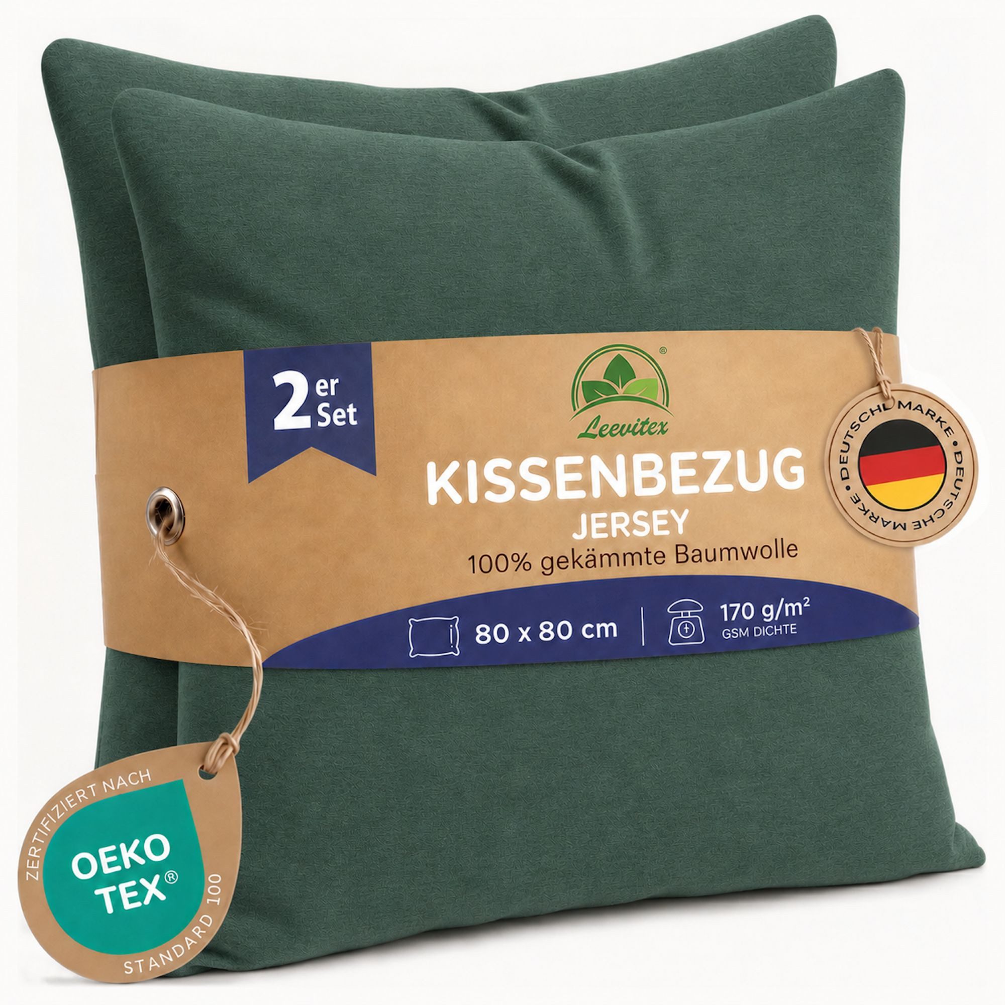 leevitex® Kissenbezüge 80 x 80 cm, 2er Set, Dunkelgrün, (2 Stück), feine Jersey-Qualität, 100% Baumwolle, robuster Reißverschluss