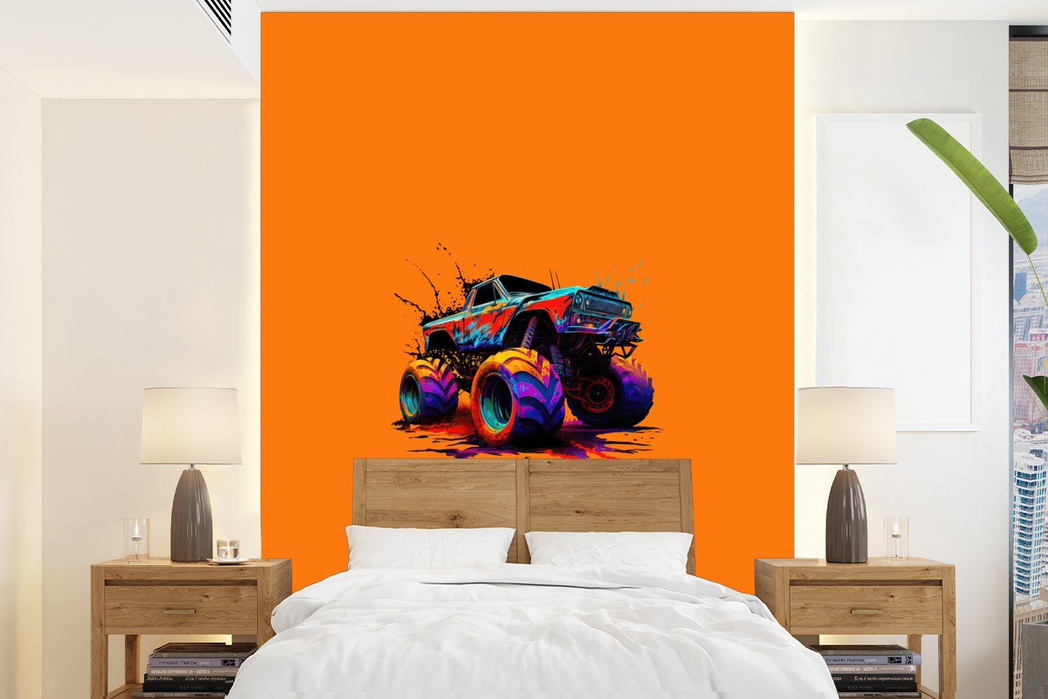MuchoWow Fototapete Monstertruck - St), Farbe Wandtapete Orange, (4 Wohnzimmer, bedruckt, für Neon - Montagefertig - Vinyl Tapete Matt