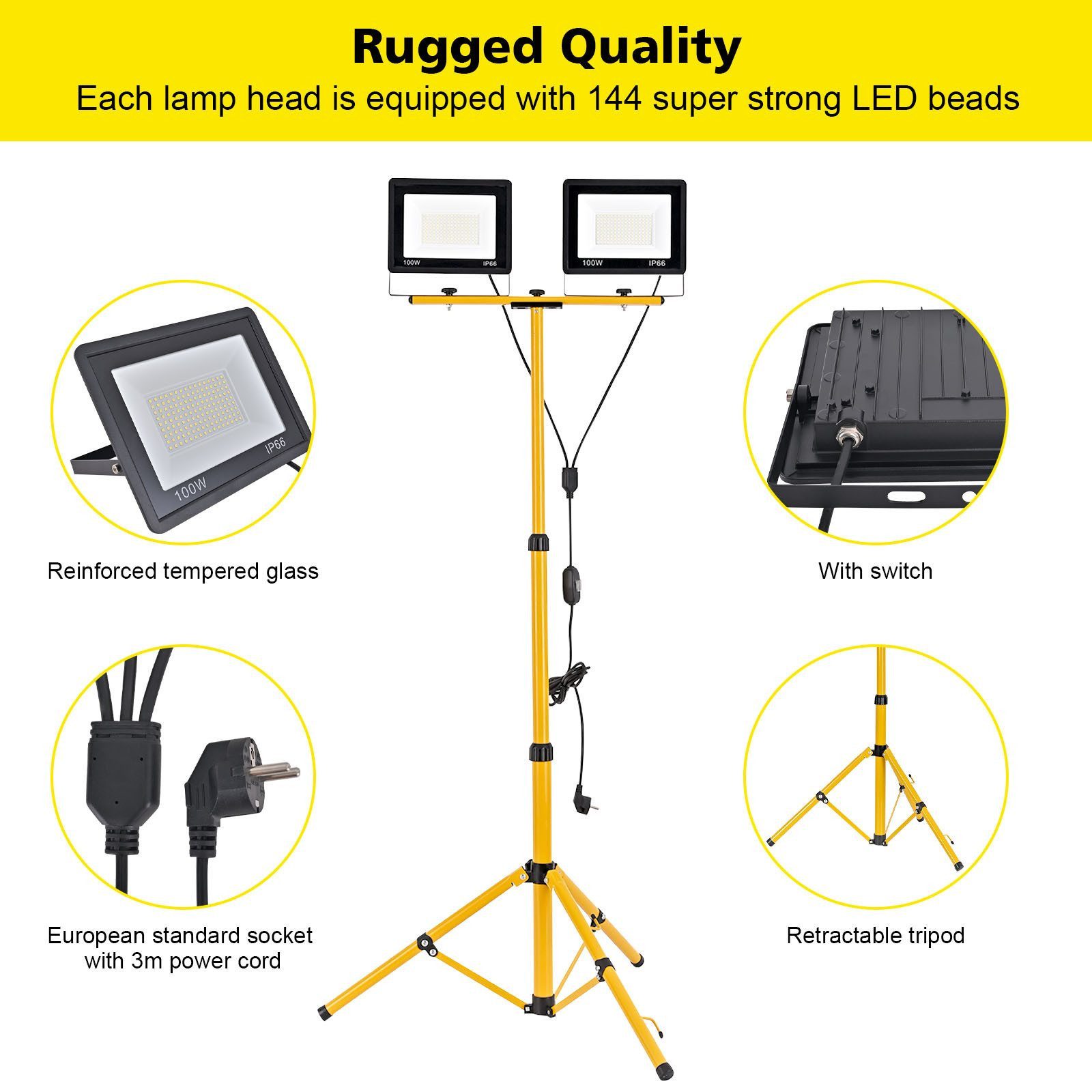 Ophy Arbeitsleuchte Stabile LED Arbeitsleuchte mit höhenverstellbarem Stativ, 200W, 3 Leuchtköpfe, IP66 wasserdicht – für Baustelle, Werkstatt & Garage