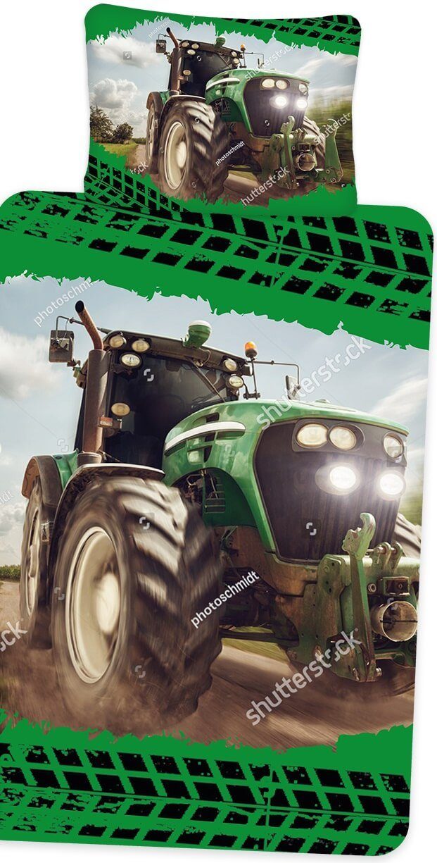 Jerry Fabrics Bettwäsche Roter Traktor - 2in1 Wende-Bettwäsche-Set, 135x200 & 80x80, 2 Motive, Baumwolle, 100% Baumwolle