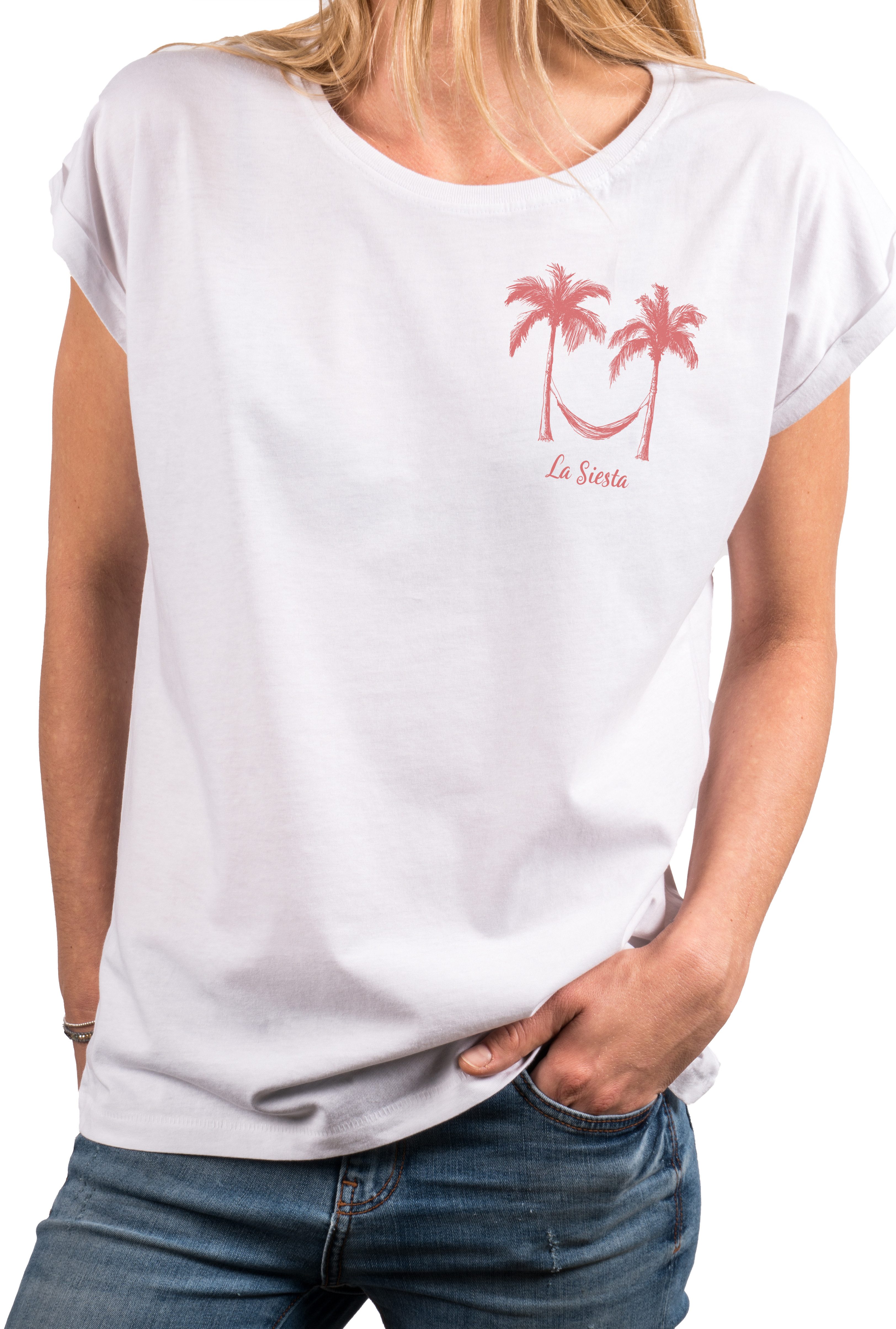MAKAYA T-Shirt Sommerliches Damen-Top im Boho-Stil mit Palmen und Hängematte (Schwarz, Blau, Grau, Weiß, Rosa, XS, S, M, L, XL, XXL, 3XL, 4XL, 5XL) Baumwolle