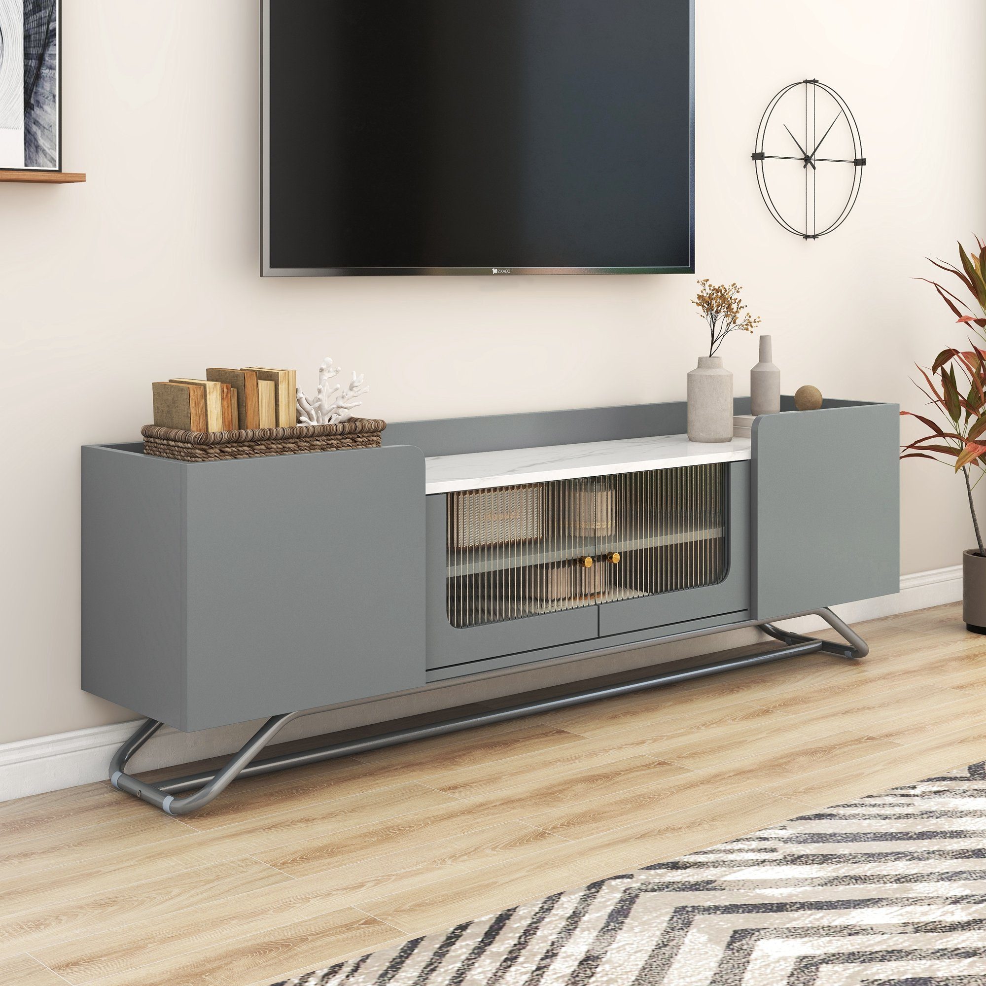 Lowboard (TV Schrank mit 4 Türen und 2 Regal), Hochglanz Tischplatte in Marmoroptik und schöne Glastür, Breite 150 cm