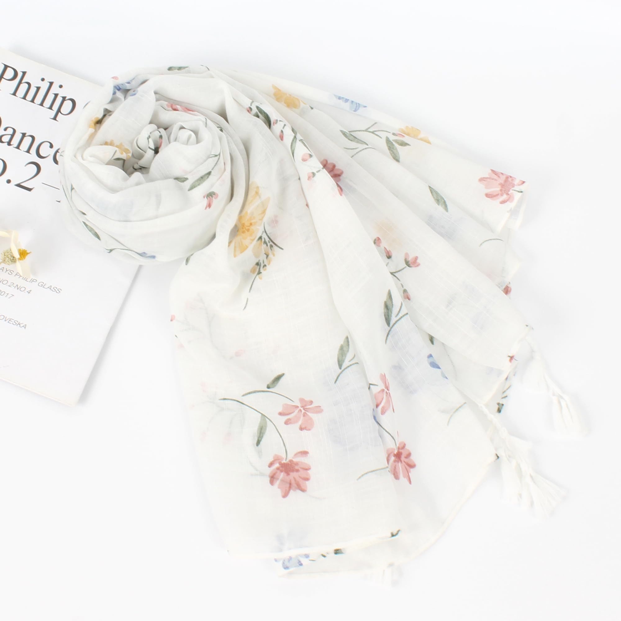 Bwecuy Modeschal Boho Damen Schal mit Blumenprint und Quasten, Leichter Sommer Schal, Modisches Halstuch, Hijab Schal und Stola für Alltag, Reisen