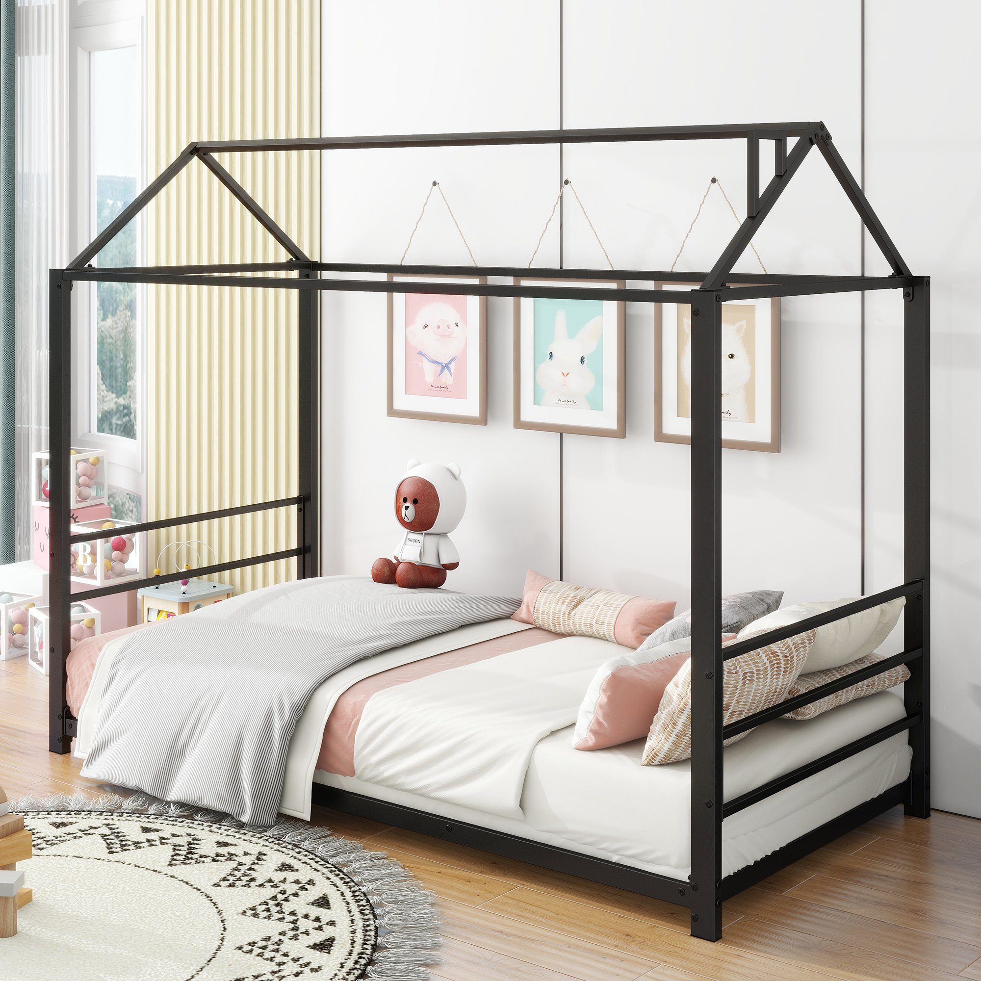 schwarz 90x200cm Hausbett Einzelbett Lattenrost mit Metallbett, Kinderbett Flieks