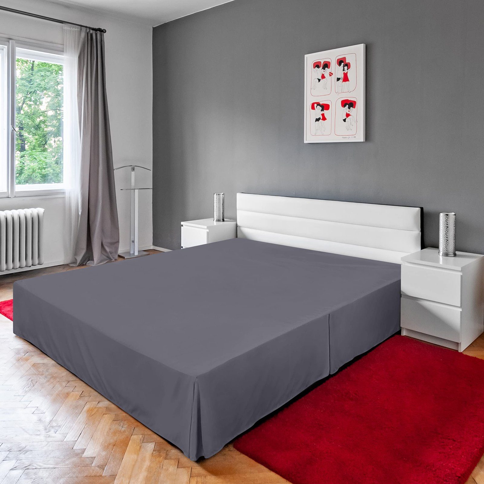 Tagesdecke Hotel-Bettrock im europäischen Stil Einteilig Einfarbig Tagesdecke, Rutaqian, Staubdicht Bettkasten-Abdeckung, Schürze grau