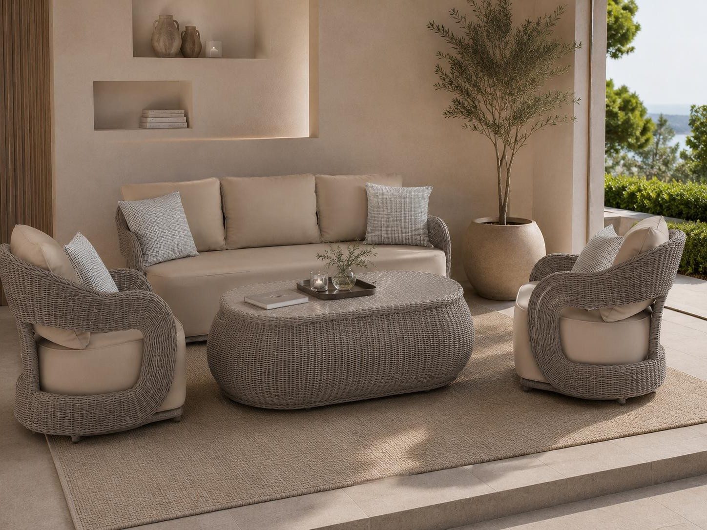 Xlmoebel Gartenlounge-Set Designer Wohnzimmer Polster Set Ledersofa 2x Sessel Couchtisch