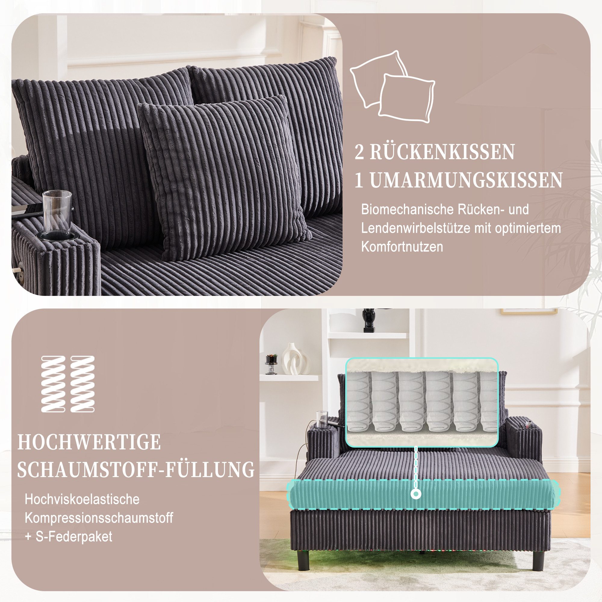 Odikalo Schlafsofa Chaiselongue Loungesofa Polstersofa Freizeitsofa USB Velvet Mehrfarbig