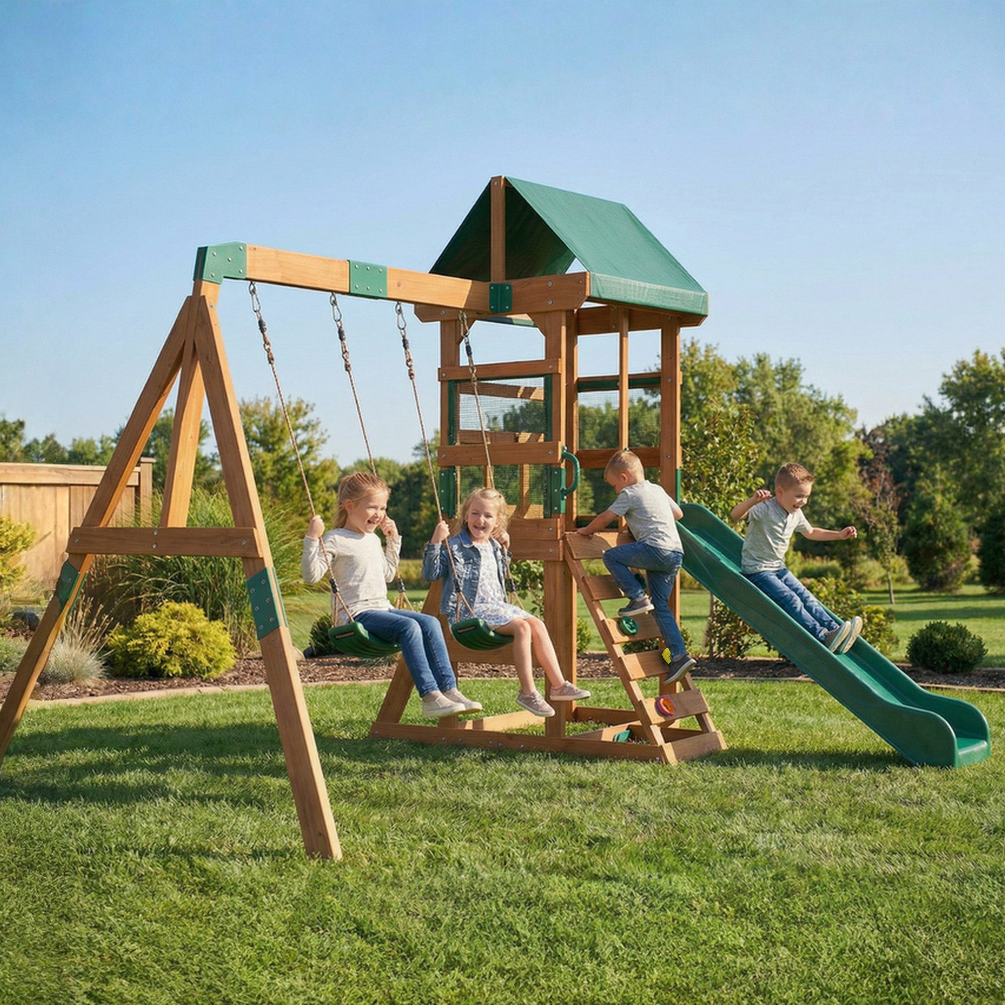 AIYAPLAY Schaukelgestell mit 194,5cm Rutsche, 2 Schaukeln, Kletterwand, überdachtem Oberdeck, (Spielturm Klettergerüst, 1-tlg., Outdoor Kinder Kletterturm), aus Holz für 3-8 Jahre Kinder 315x284x233 cm
