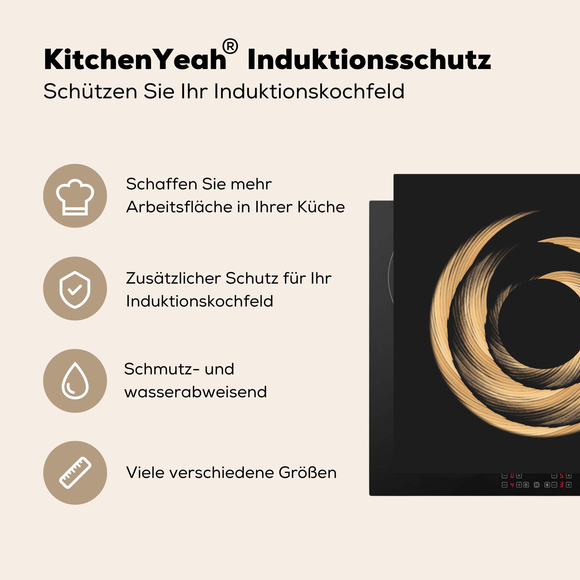 (1 Spirale aus Herdblende-/Abdeckplatte cm, für Vinyl, Arbeitsplatte 78x78 MuchoWow küche Pinselstrichen, tlg), Goldfarbene Ceranfeldabdeckung,