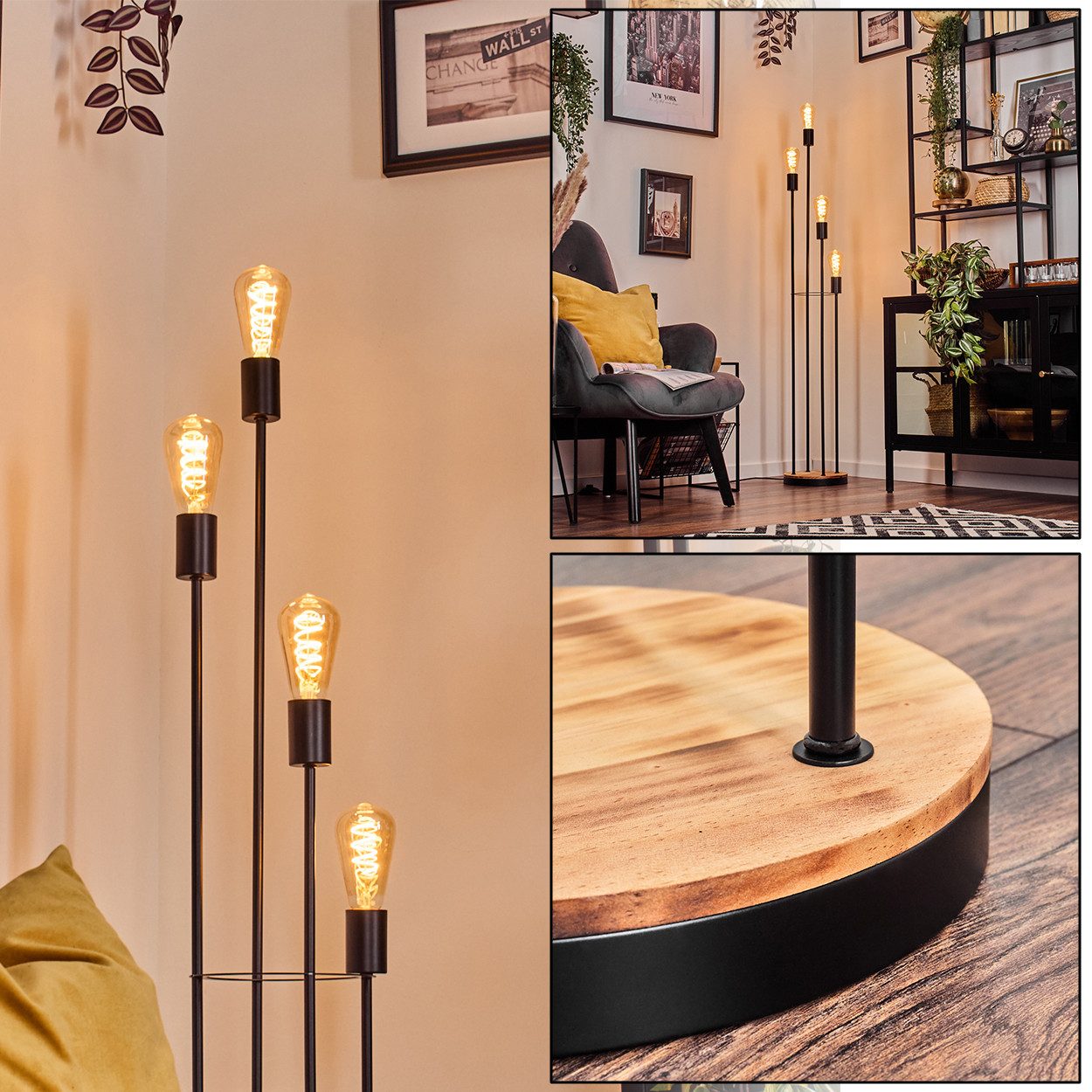 Stehlampe Stehlampe aus Metall/Holz in Schwarz/Holz dunkel mit Fußschalter