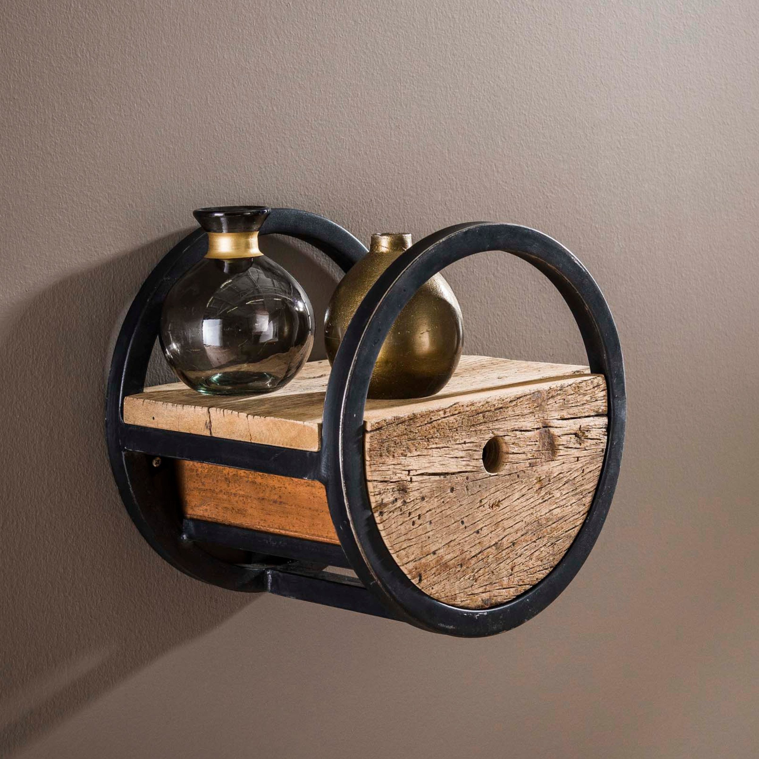 alesvelt Wandregal CIRCULAR RUSTICO Rundes Upcycling-Regal aus Hartholz mit Schublade, 30x25x30cm