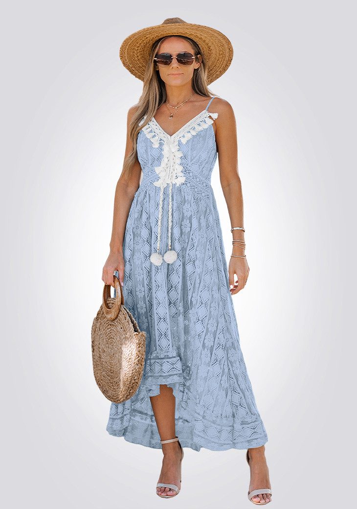 Cupshe Strandkleid Spitzenkleid Traeger V-Ausschnitt Boho Midi Rüsche