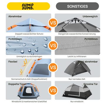 Sumosuma Kuppelzelt Campingzelt Automatisches, UV-Schutz Pop Up Zelt, with Vestibule, Personen: 4, Wasserdicht & Winddicht, Doppeltürig mit vier Fenstern mit Tragetasche