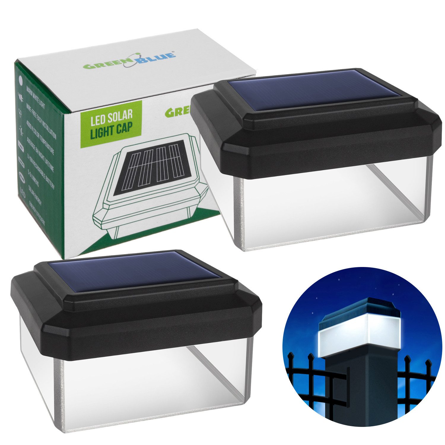 GreenBlue LED Gartenleuchte Solarmastleuchte für Zaun Outdoor geeignet, LED fest integriert, Warmweiß, solarbetriebene LED Gartenlampe für Garten und Zaun wetterfest