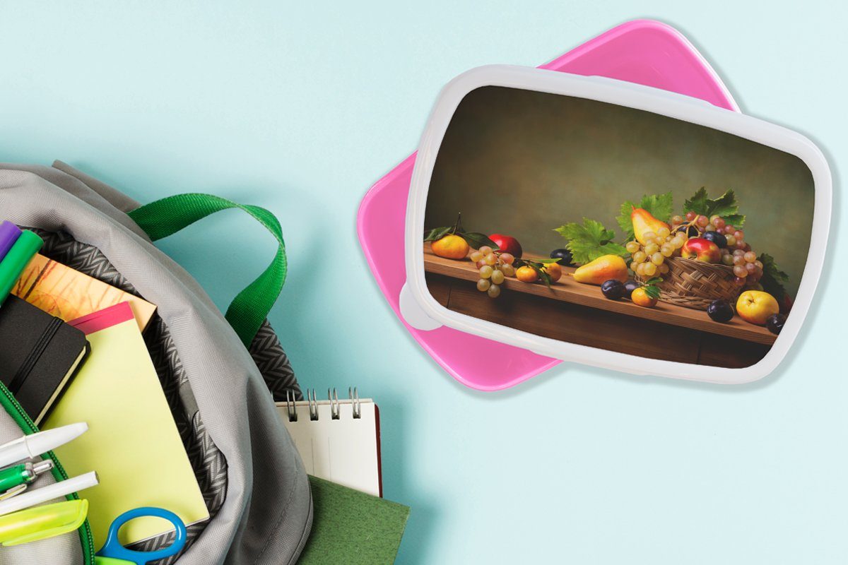 Brotbox Mädchen, - Erwachsene, (2-tlg), - Kunststoff, Korb - Brotdose Rustikal Lunchbox Snackbox, für Kinder, Obst Kunststoff MuchoWow Stilleben, rosa