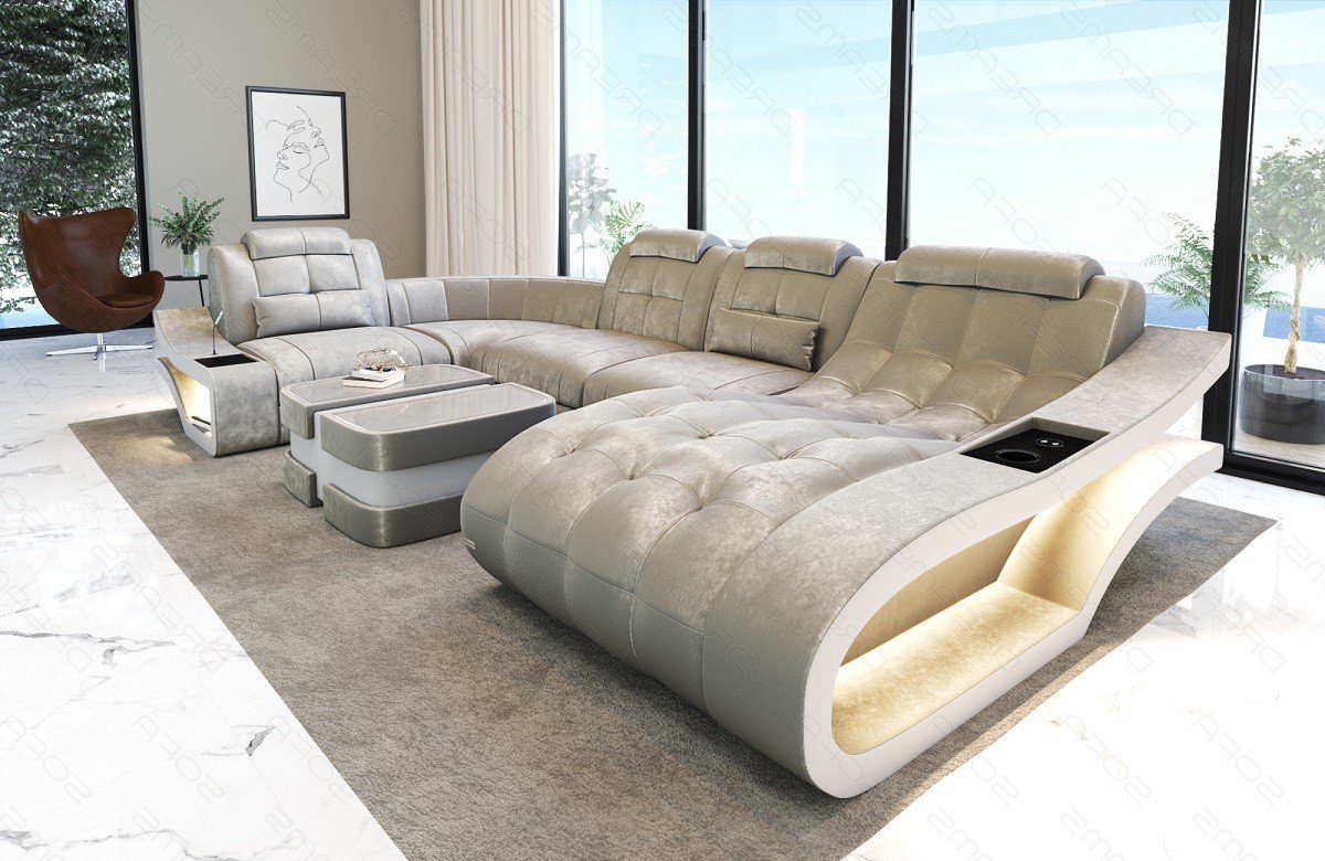 Sofa Dreams Wohnlandschaft Polster Stoff Sofa Couch Elegante S - U Form Stoffsofa, wahlweise mit Bettfunktion beige-weiß