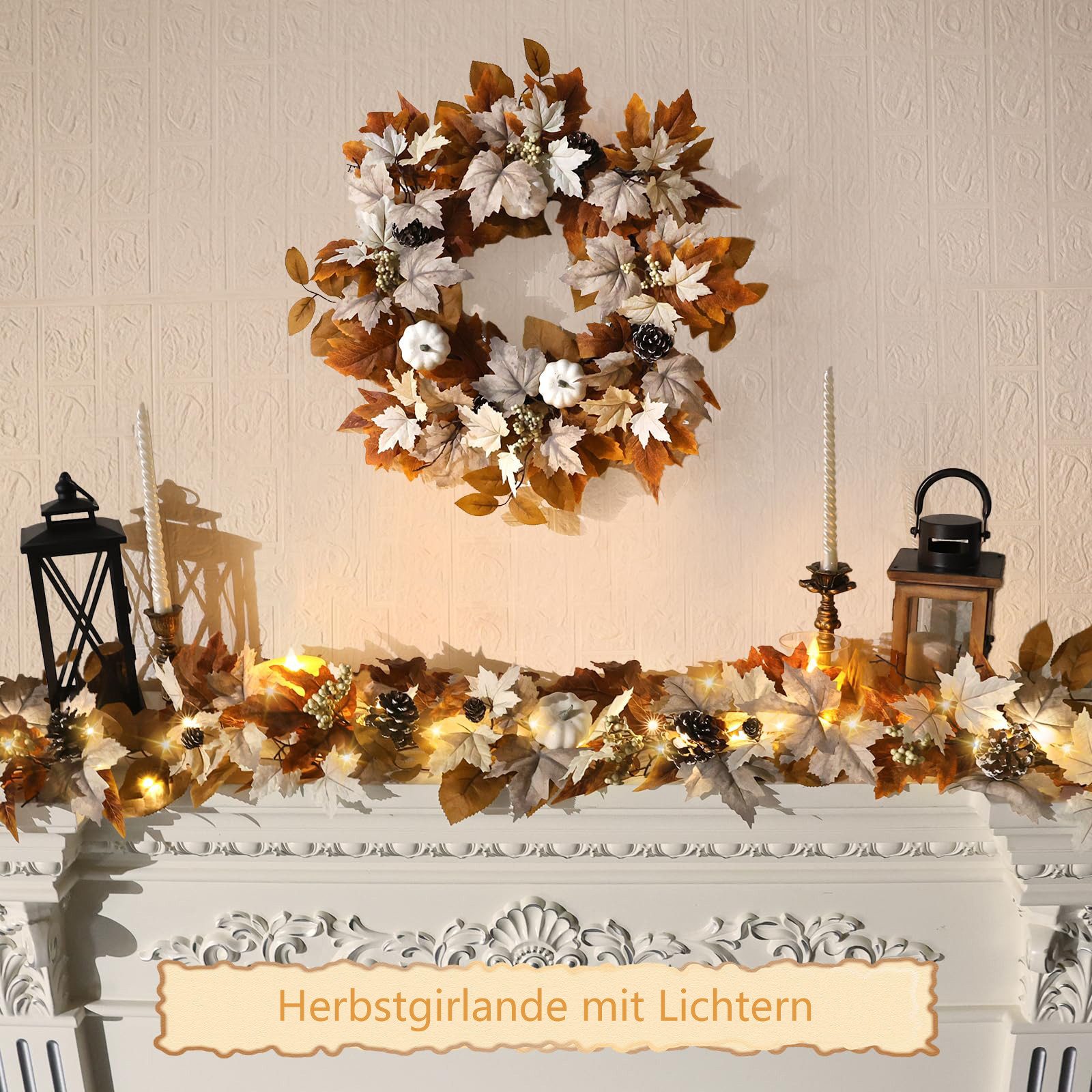 Kunstgirlande Künstlich Herbstgirlande mit Lichtern, Ahornblätter Herbstdeko, Sorvyzxn, mit Kürbissen, Beeren und Kiefernzapfen, Für Innen & Außen