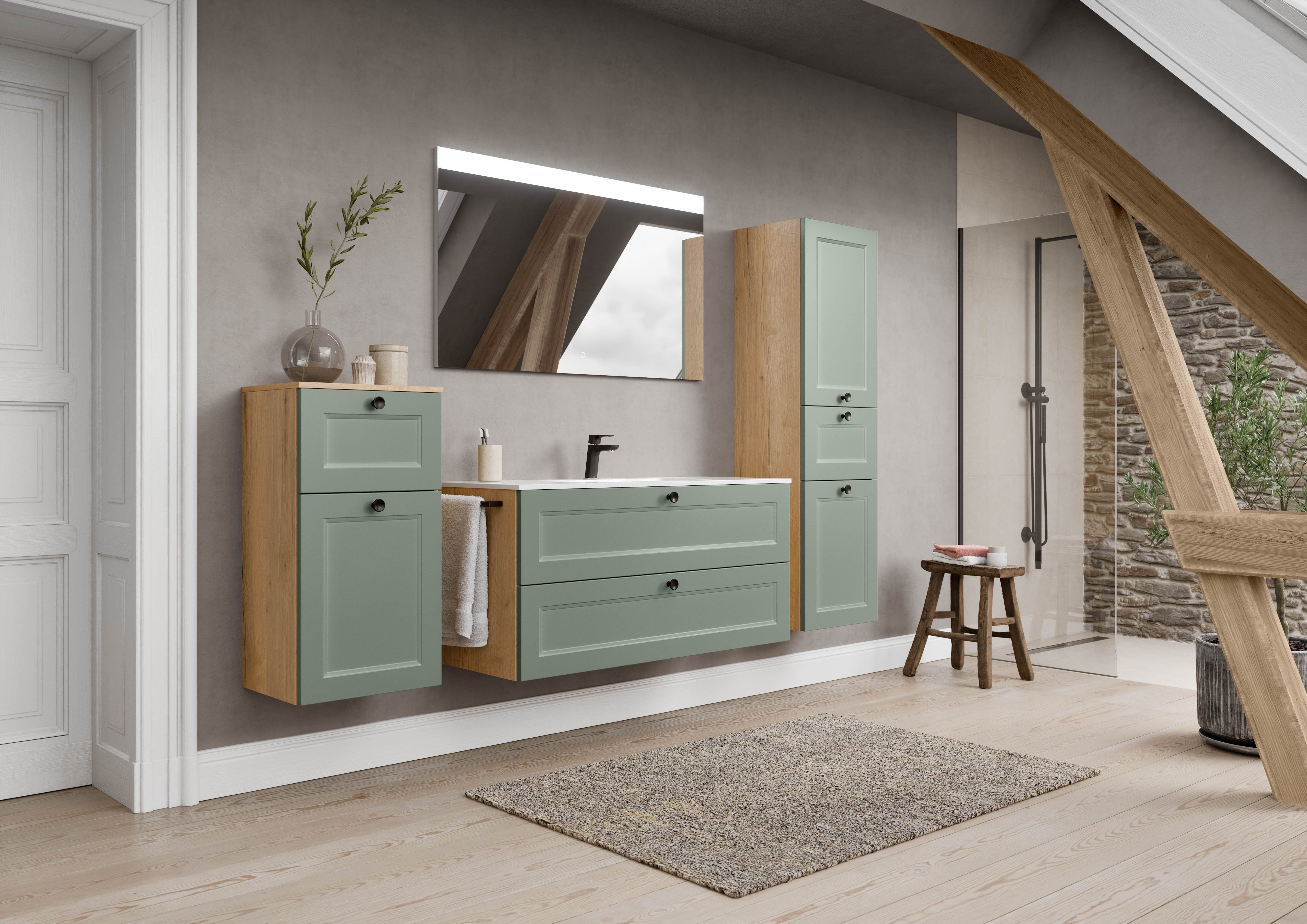 nobilia® Badmöbel-Set Cascada, (Set, 4-St., mit Waschbecken, inkl. beleuchtetem Spiegel mit Touch-Sensor), vormontiert, mit Soft-Close, in vier Breiten