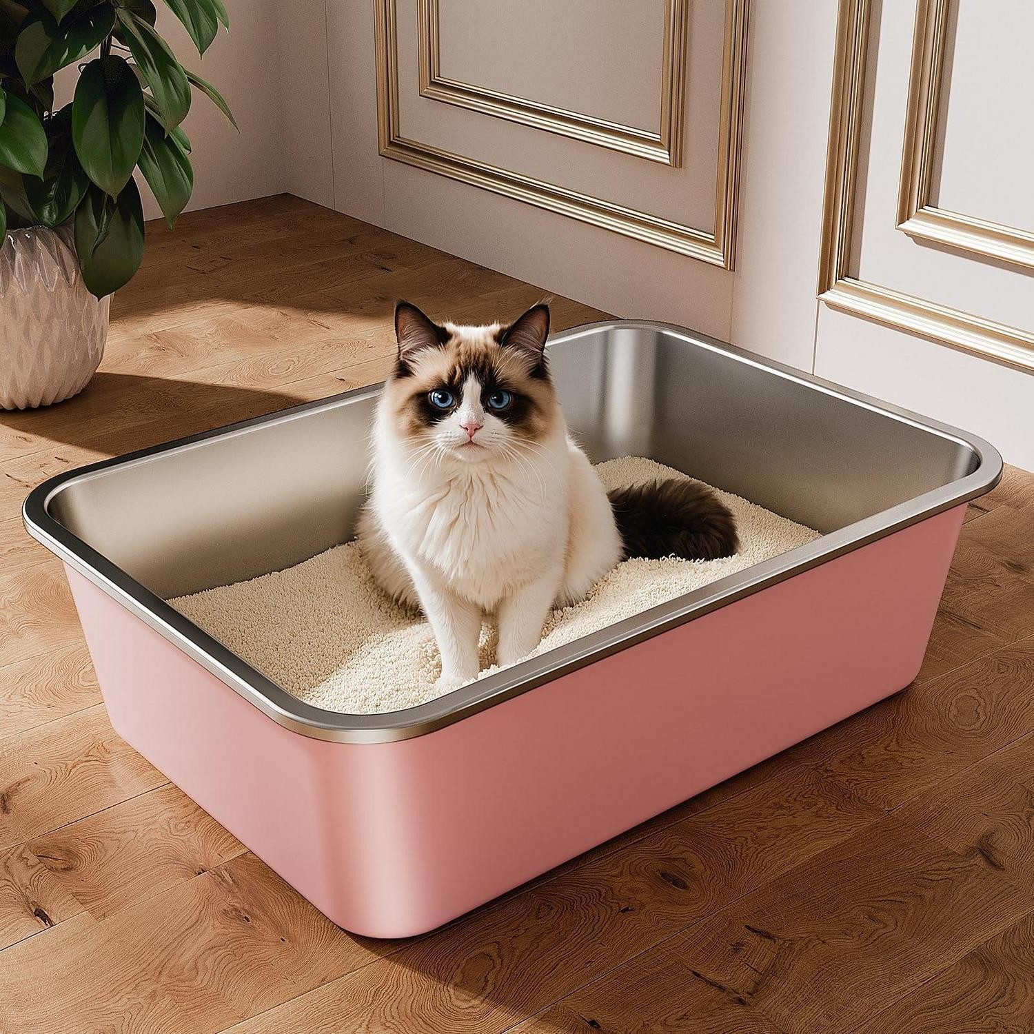 LuxusKollektion Katzentoilette Katzenklo Edelstahl Offen XXL Rosa 50x35x15cm