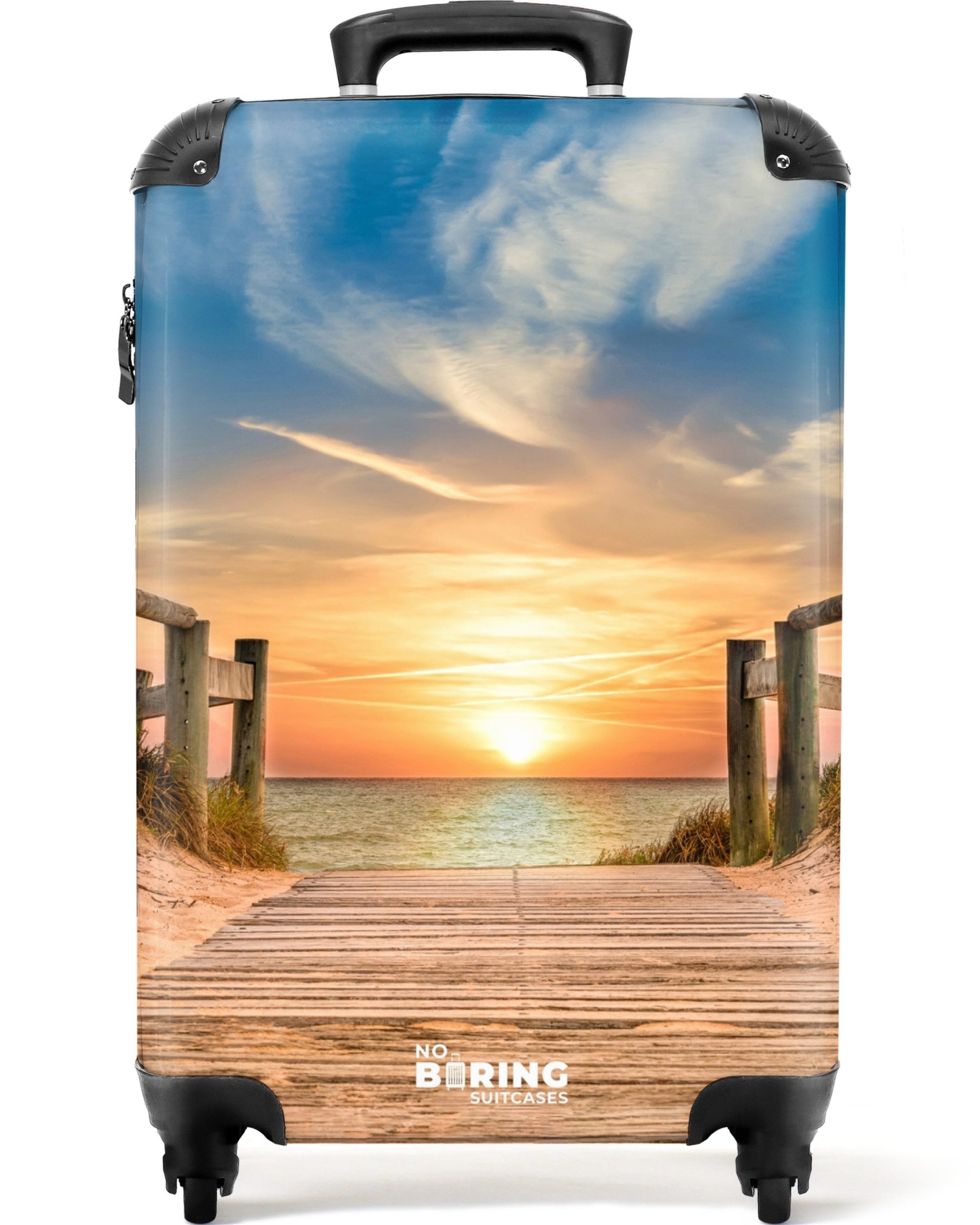 NoBoringSuitcases.com© Hartschalen-Trolley Strandweg bei Sonnenuntergang 55x35x20cm, Reisetasche mit Rollen, Koffer Handgepäck Flugzeug