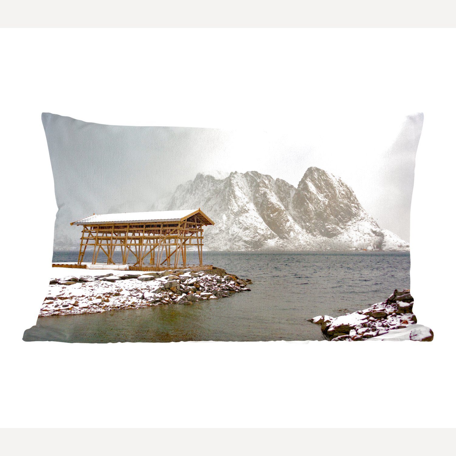 MuchoWow Dekokissen Schneebedeckte Fischerhütte auf den Lofoten, Wohzimmer Dekoration, Zierkissen, Dekokissen mit Füllung, Schlafzimmer