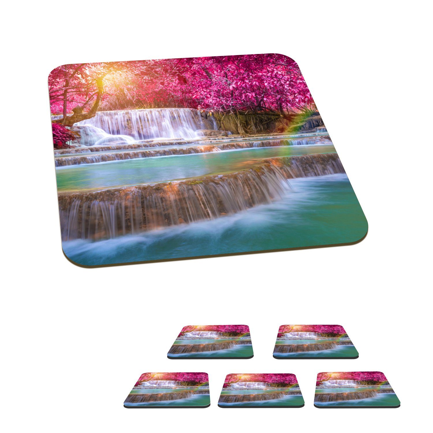 MuchoWow Glasuntersetzer Wasserfall - Regenbogen - Bäume - Rosa - Natur, Zubehör für Gläser, 6-tlg., Glasuntersetzer, Tischuntersetzer, Korkuntersetzer, Untersetzer, Tasse