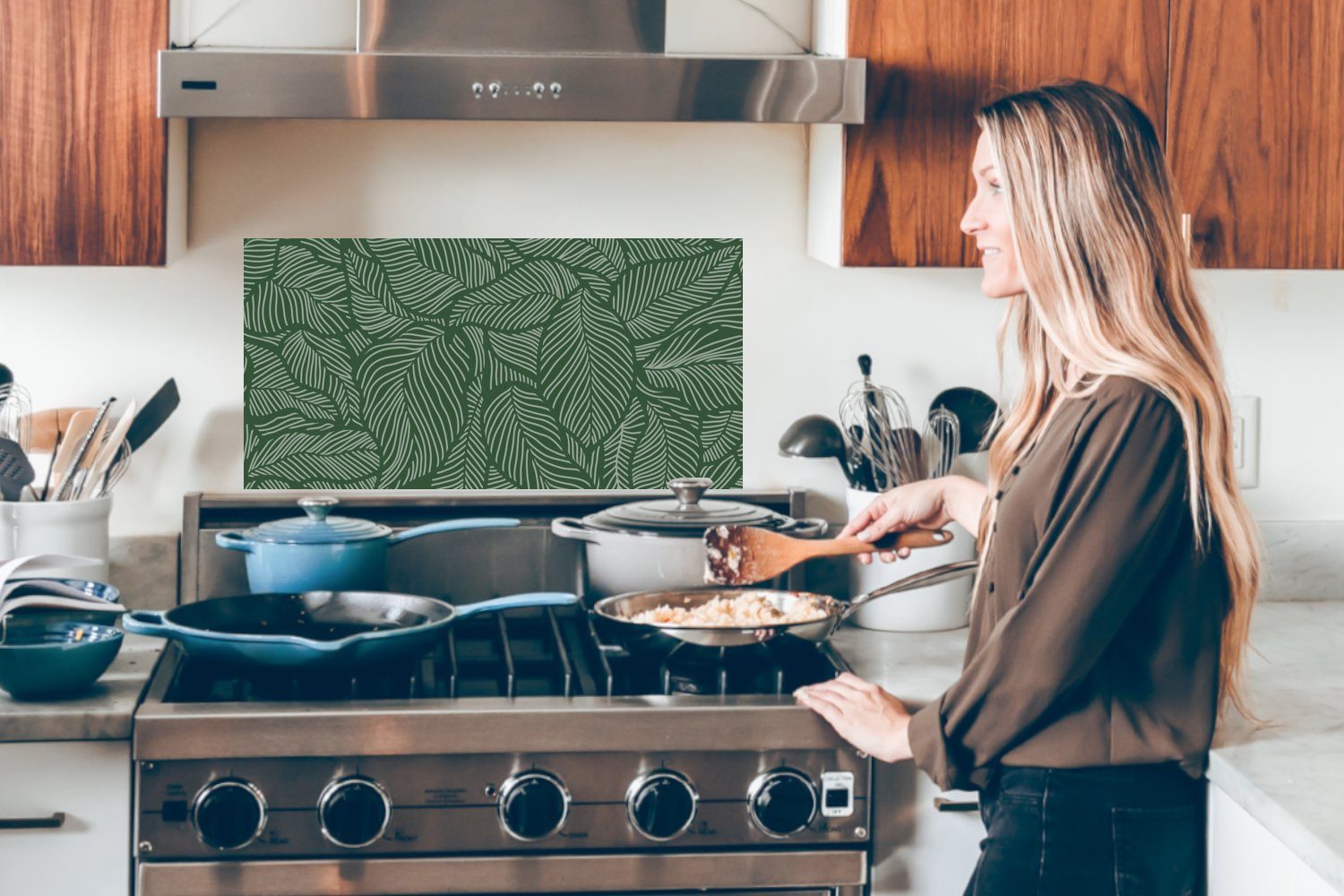 Fett Küchen Wandschutz, (1-tlg), für Natur, - und gegen Blätter cm, MuchoWow - Grün Schmutzflecken Gestaltung Küchenrückwand - 60x30