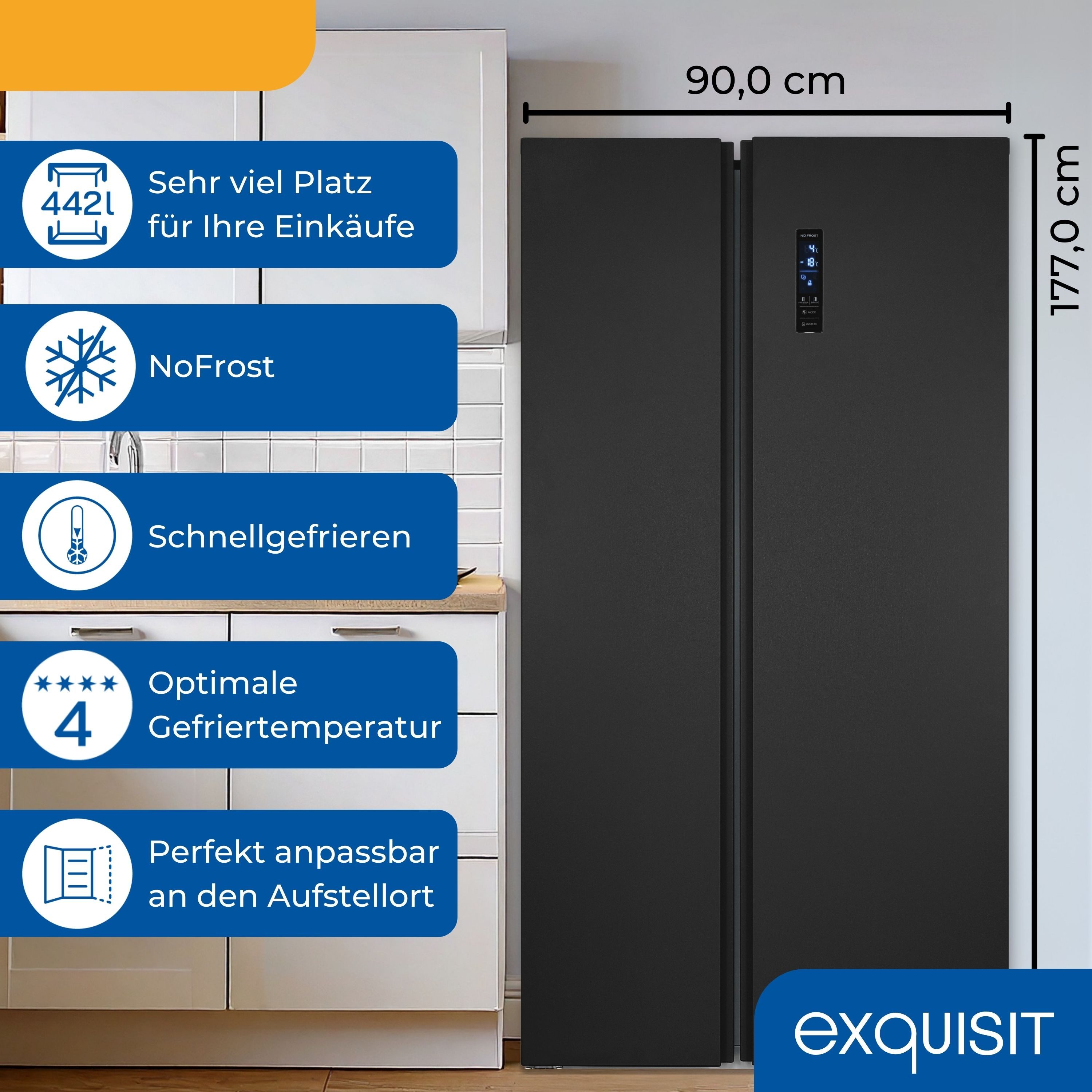 exquisit Side-by-Side SBS546-040E, 177 cm hoch, 90 cm breit, No-Frost-Technologie, LED-Beleuchtung, 4*-Gefrierfach